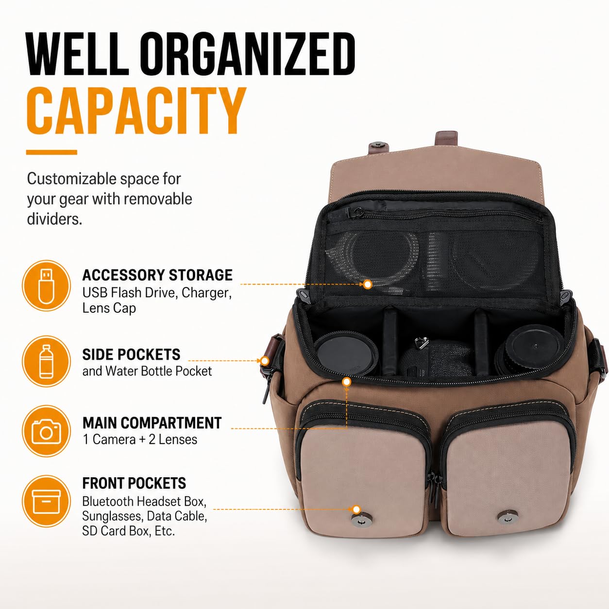 Cwatcun Borsa a tracolla per fotocamera compatta, piccola borsa a tracolla impermeabile con supporto per treppiede, borsa da viaggio per fotocamera DSLR/SLR/fotocamera mirrorless, marrone, M, Custodia