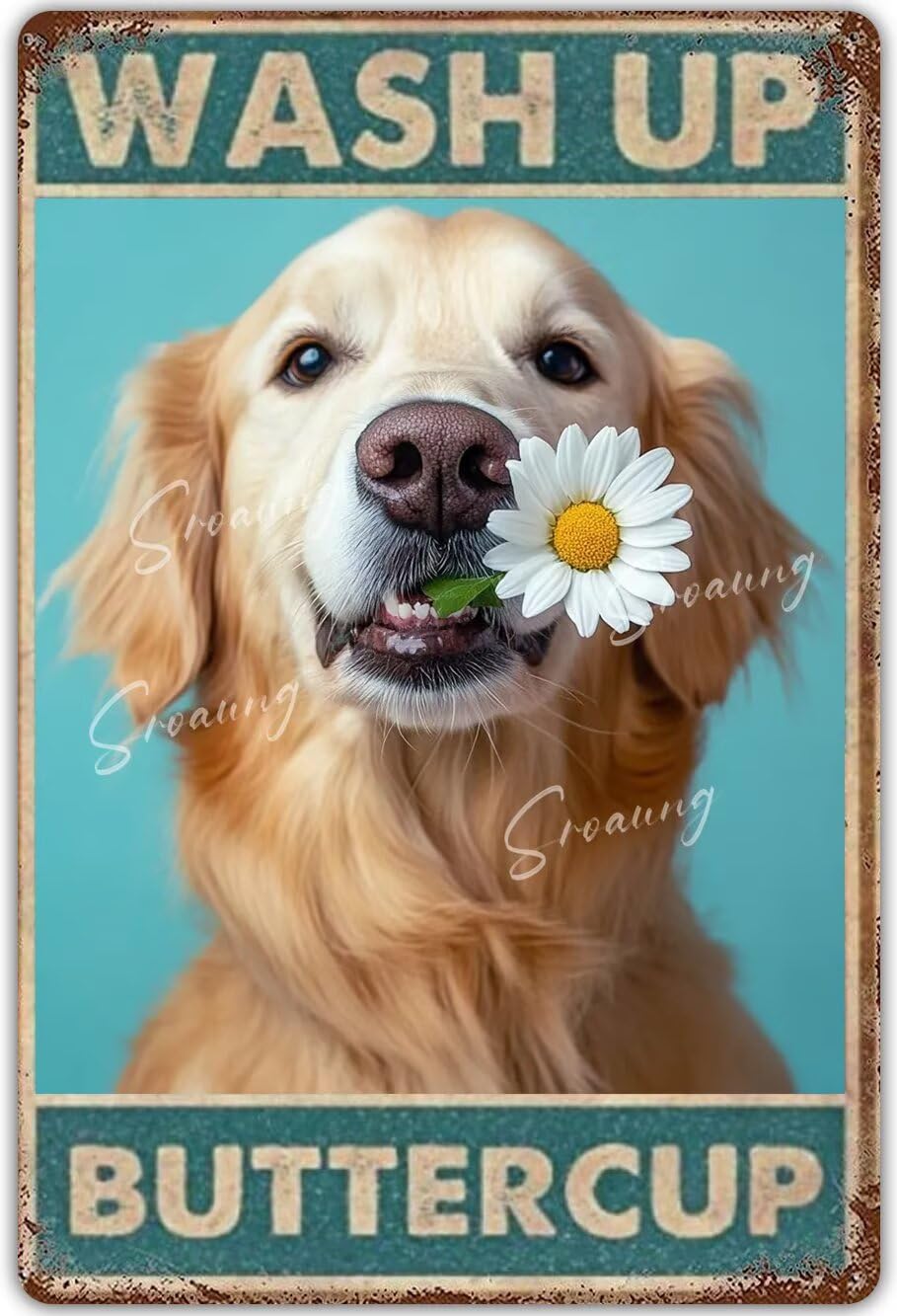 Anceky Dog Bathroom Wall Art Metal Poster Wash Up Buttercup Golden Retriever Retro Metal Tin Signs Funny Bathroom Decor Vintage Plaque Dog Wall Decor For Home Kitchen Office Club 12x16 Inch