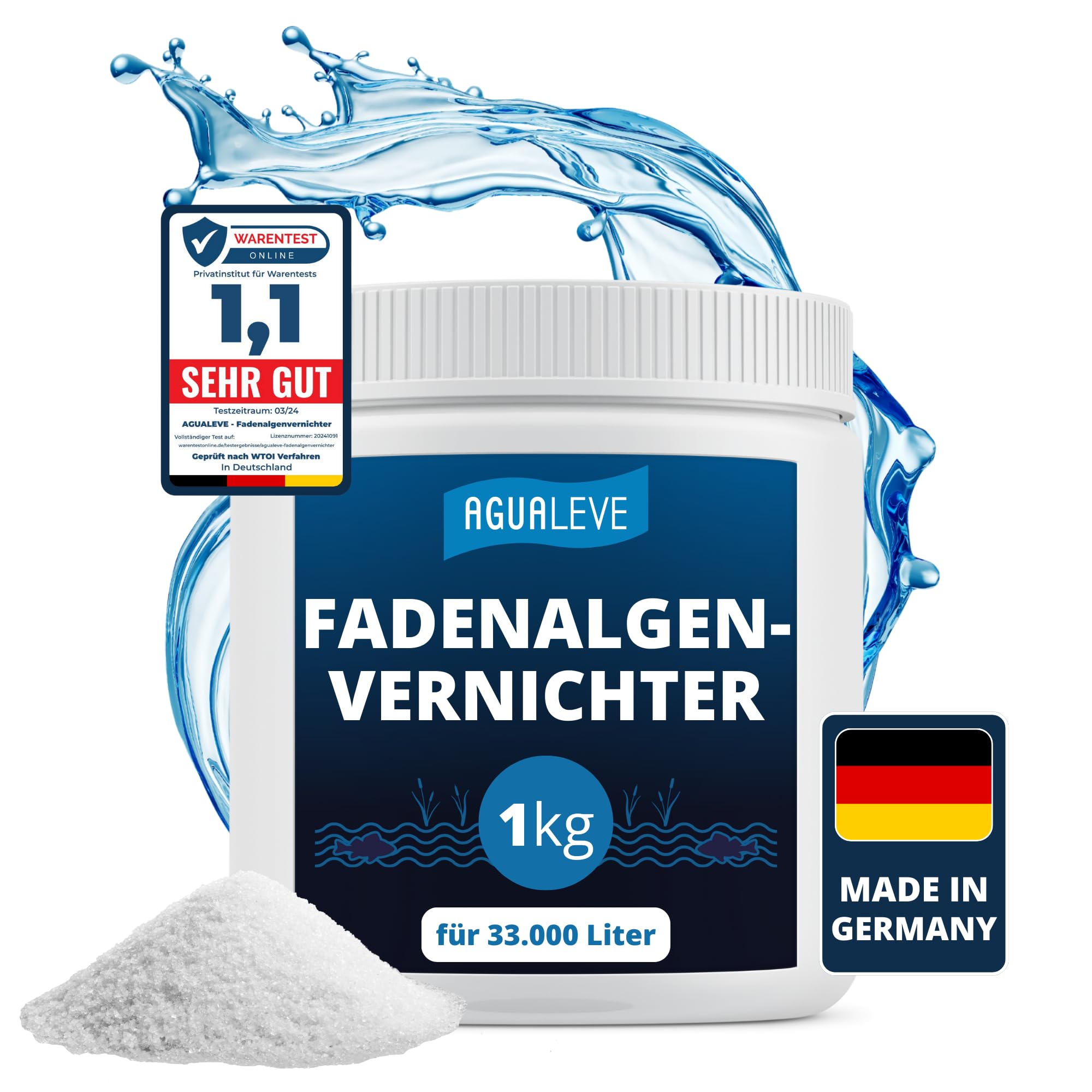 AGUALEVE® Fadenalgenvernichter 1kg *NEU* | bioverträgliche Algenvernichtung ohne Schwermetalle | Markenqualität Made in Germany | für 33.000 Liter Teichwasser | Note 1,1