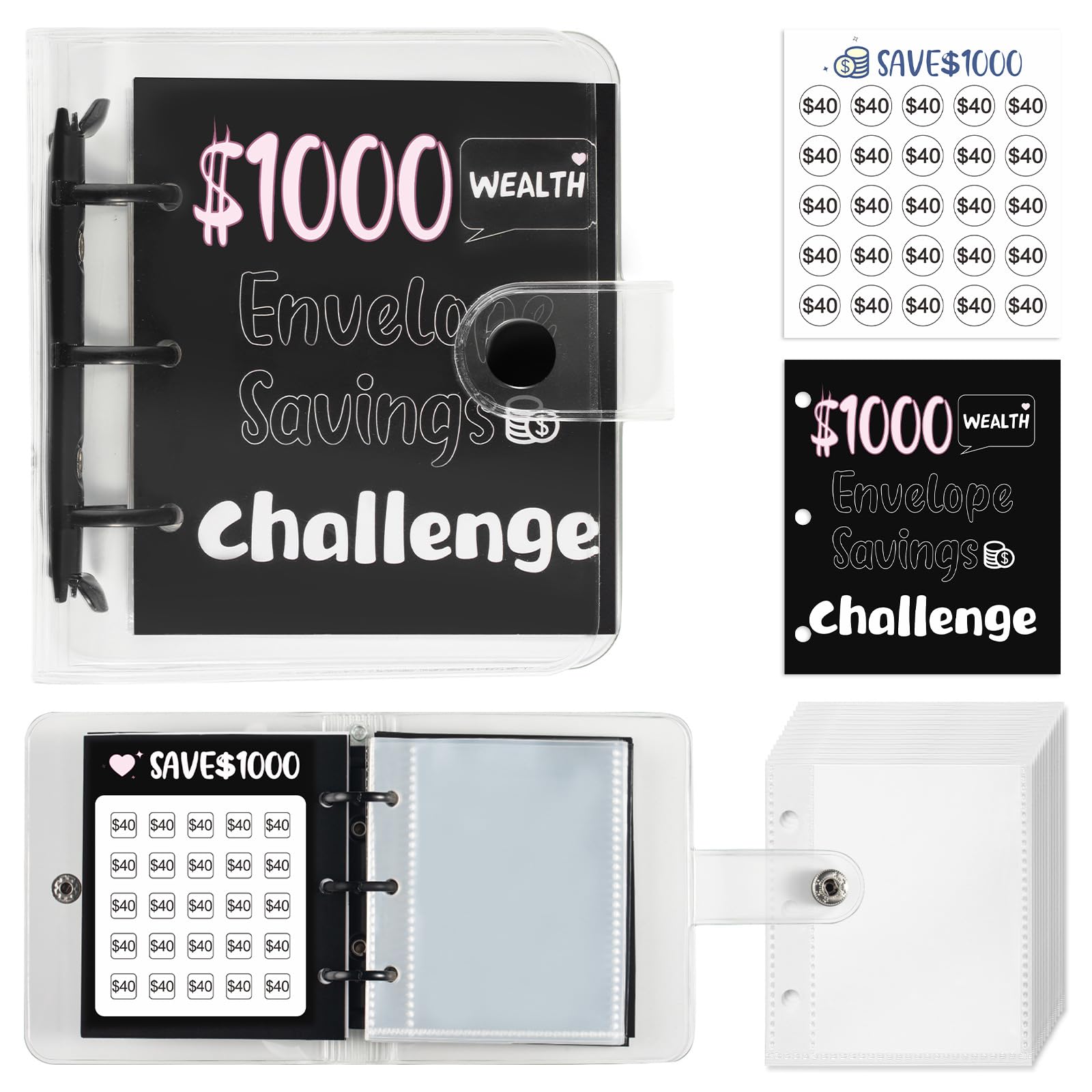 Drawelry Mini Money Saving Binder, 25 Cash Envelopes Money Saving Challenge Binder $500 $1000, Portable Savings Book Envelopes Stickers for Budgeting