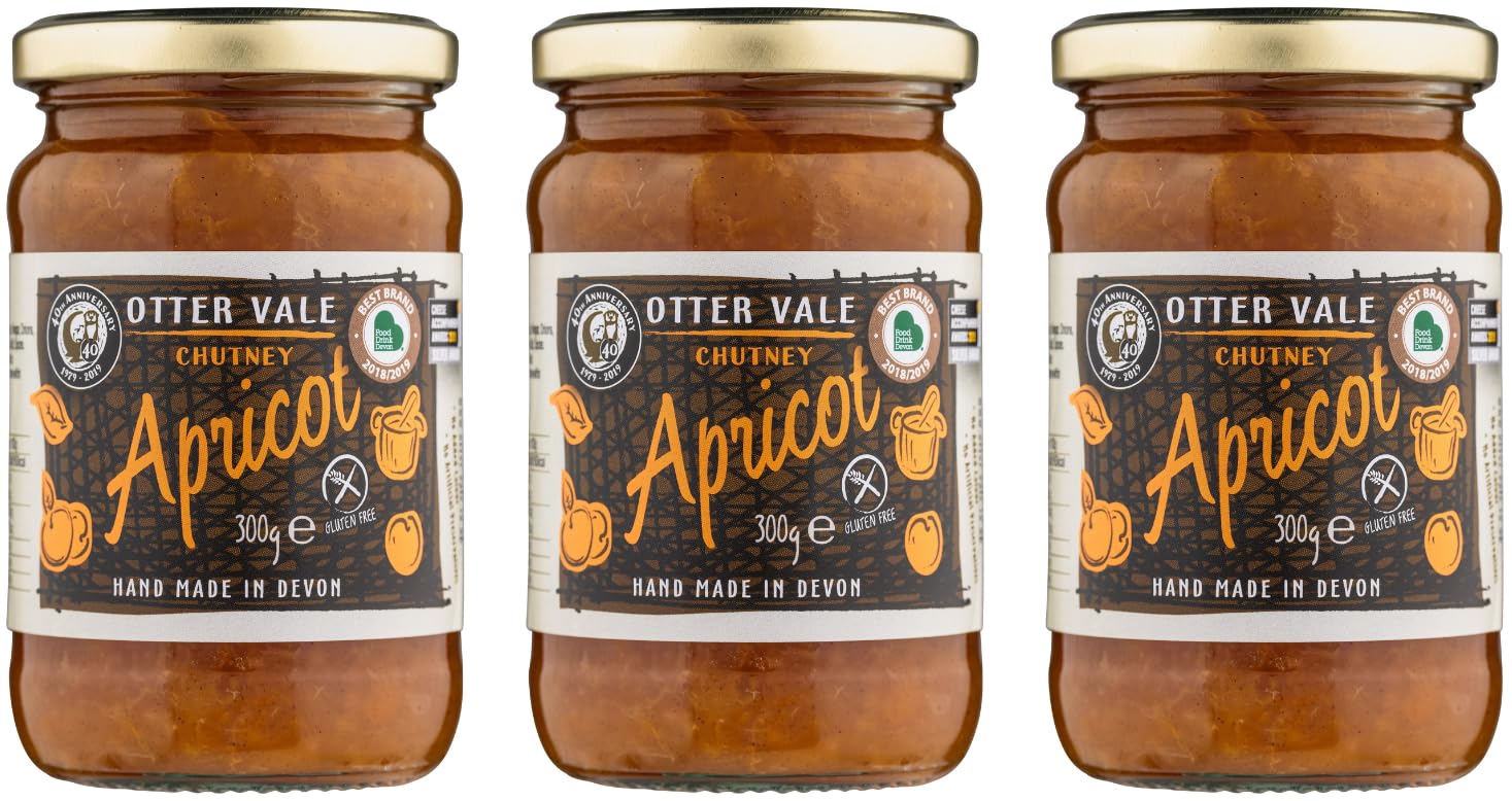 Otter Vale - Apricot Chutney, apricot fruitiness with a hint of spice, hand-made in Devon, gluten-free, 300g glass jar x 3