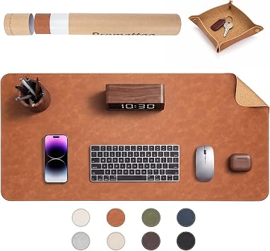 Premium Faux Leather Desk Mat & Tray Set,Innovative Cork-Look Printed Base,Gift Tube Packaging,Full-Desk Coverage,Non-Slip Desk Pad for Office HomeCognac Brown