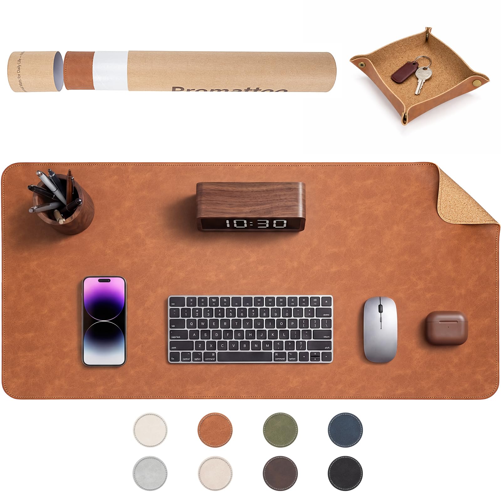 PROMATTOO Faux Leather Desk Mat with Valet Tray, Non-Slip Waterproof Desk Pad, Cork-Effect Printed Backing, Desk Protector with Gift Tube for Office & Home(Cognac Brown)