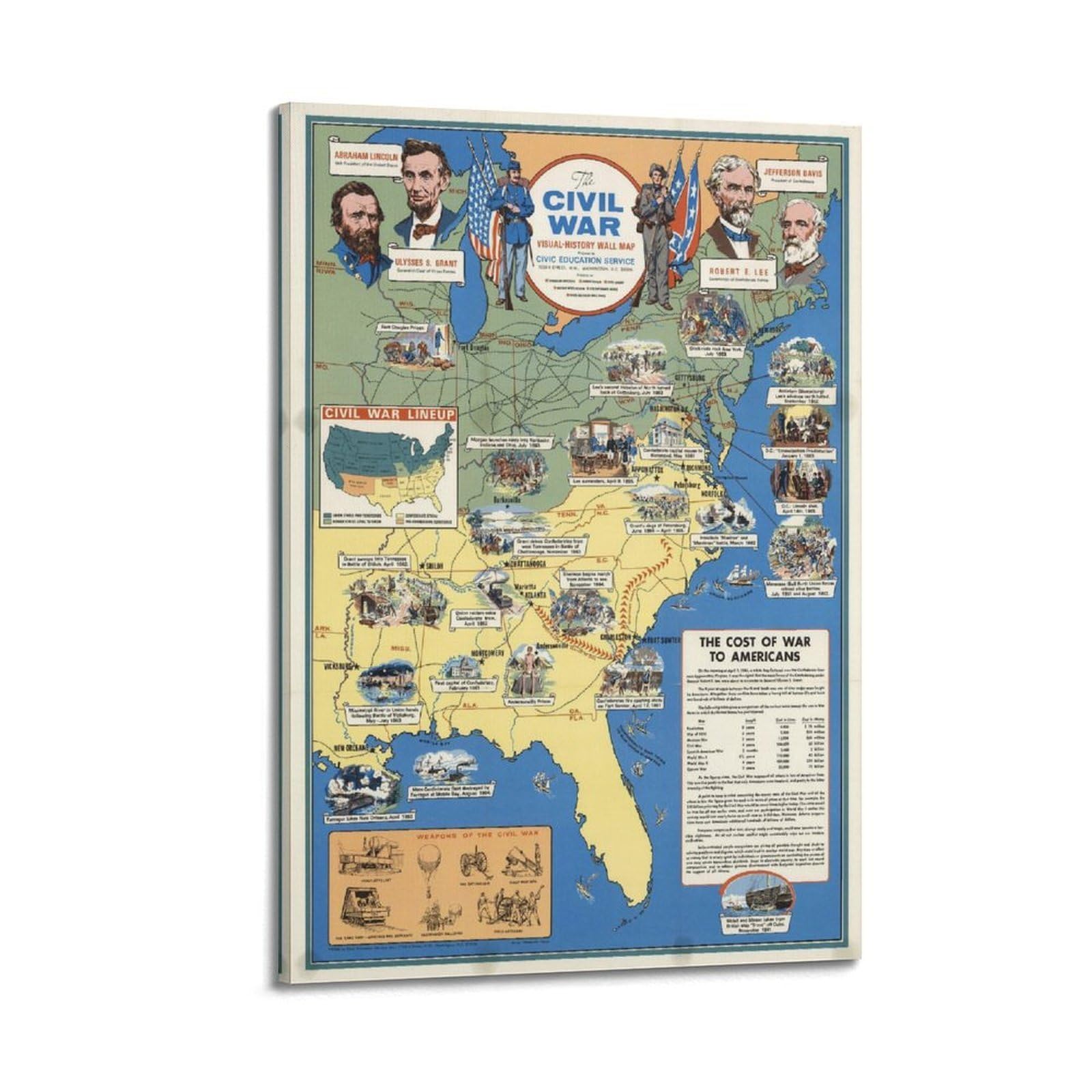 OKAHYS Vintage Travel Poster 1966 American Civil War Map Decorative Painting Canvas Wall Artworks Picture 24x36inch(60x90cm)