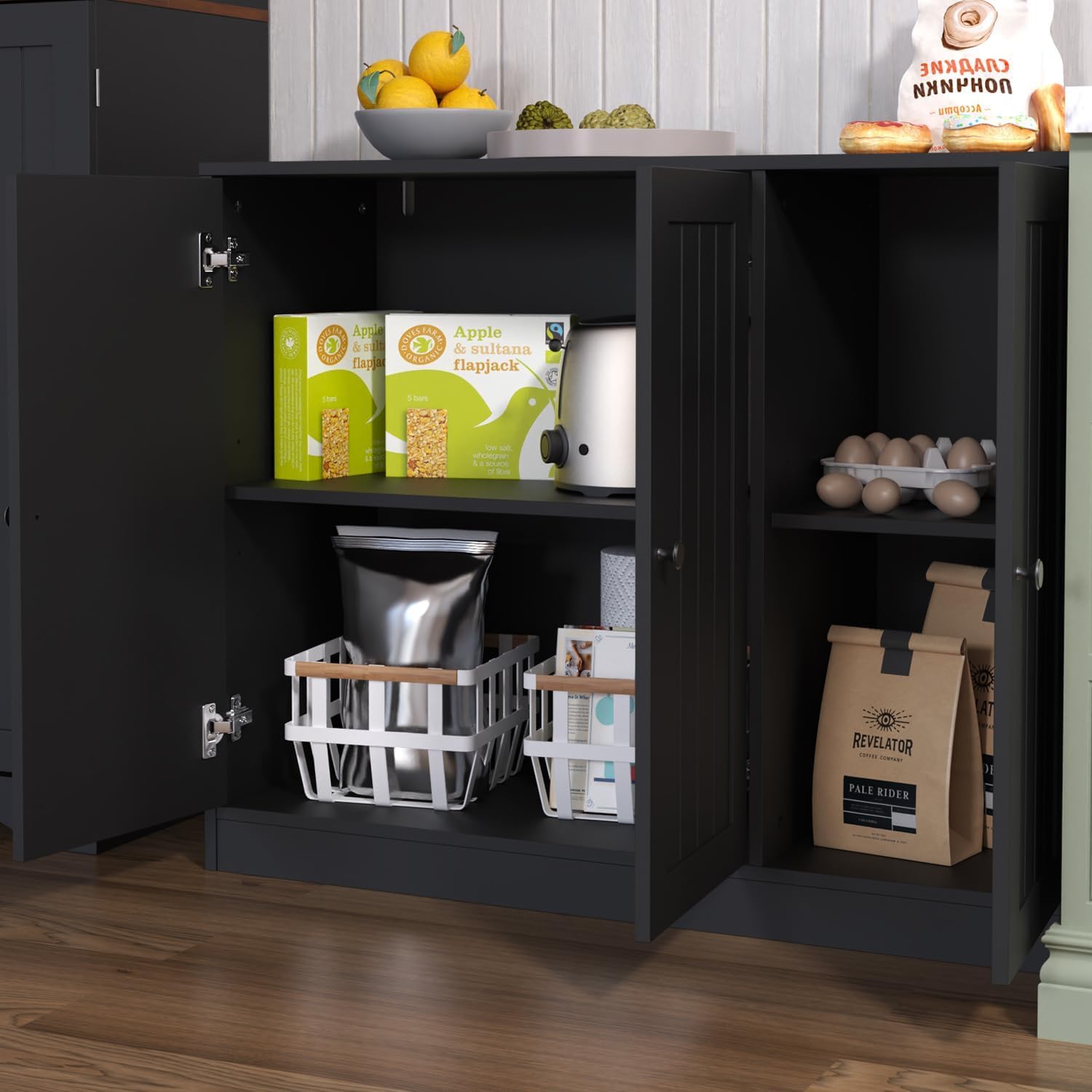 Furnify Buffet Cabinet with 3 Door, Kitchen Storage Cabinet with Adjustable Shelf, Coffee Bar Accent Cabinets for Living Room, Entryway, Black