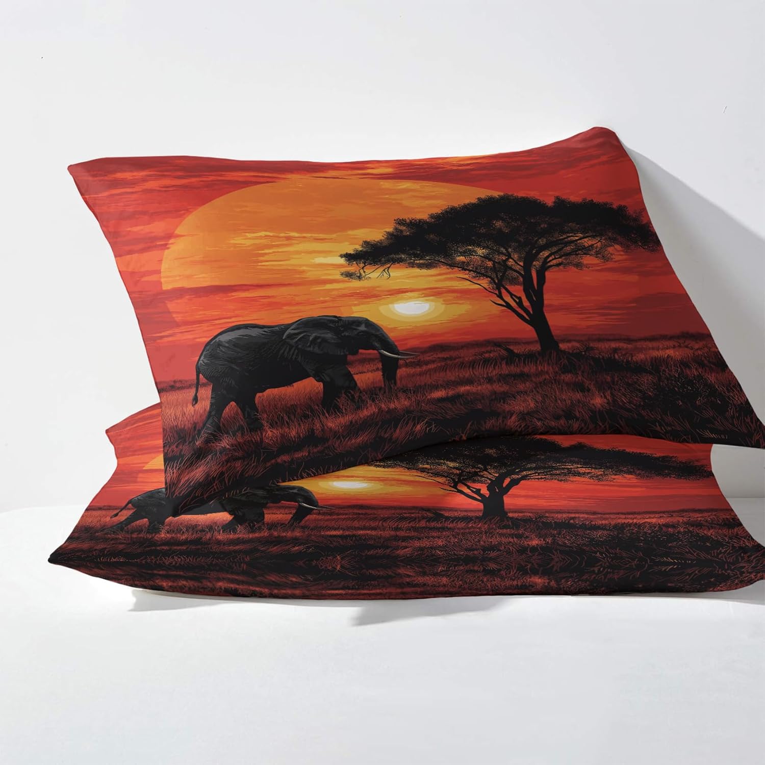 African Elephant Sheets Queen Size, Sunset Tree Bed Sheets, Patterned Bedding Sheets & Pillowcases 4 Piece Set - Soft Microfiber Deep Pocket Fitted Sheet & Flat Sheet & 2 Pillow Cases n&-A166