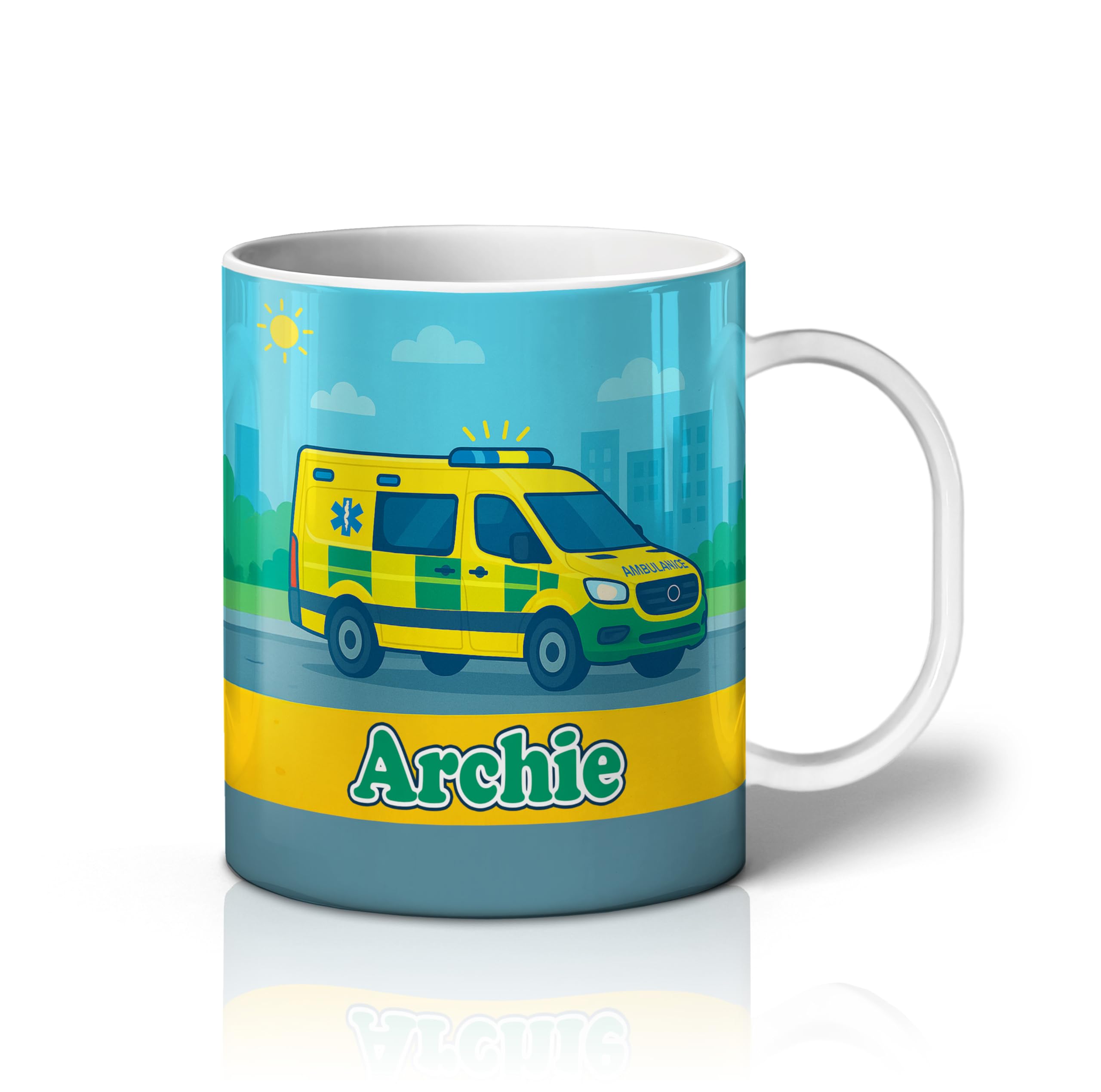 iCaseDesigner Personalised Children's Mug - Unbreakable Lightweight Polymer - Add Your Own Name - Vehicle Theme - Ambulance — image 1