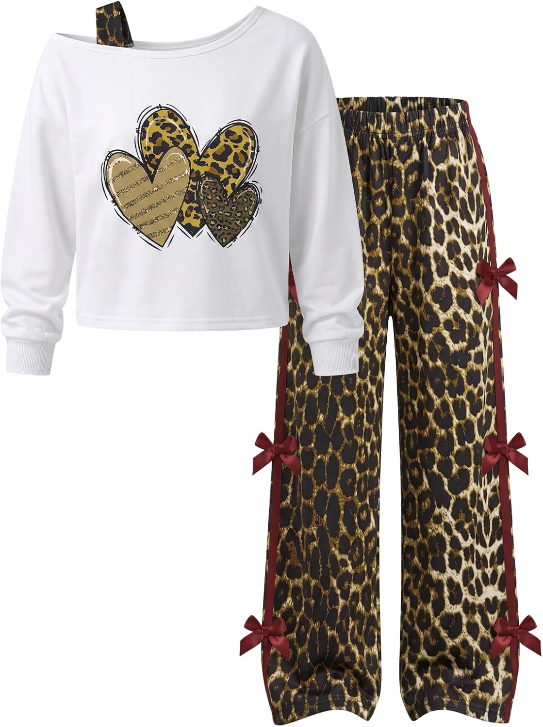 Girls 2 Piece Outfit Set One Shoulder Graphic Top Wide Leg Pants
