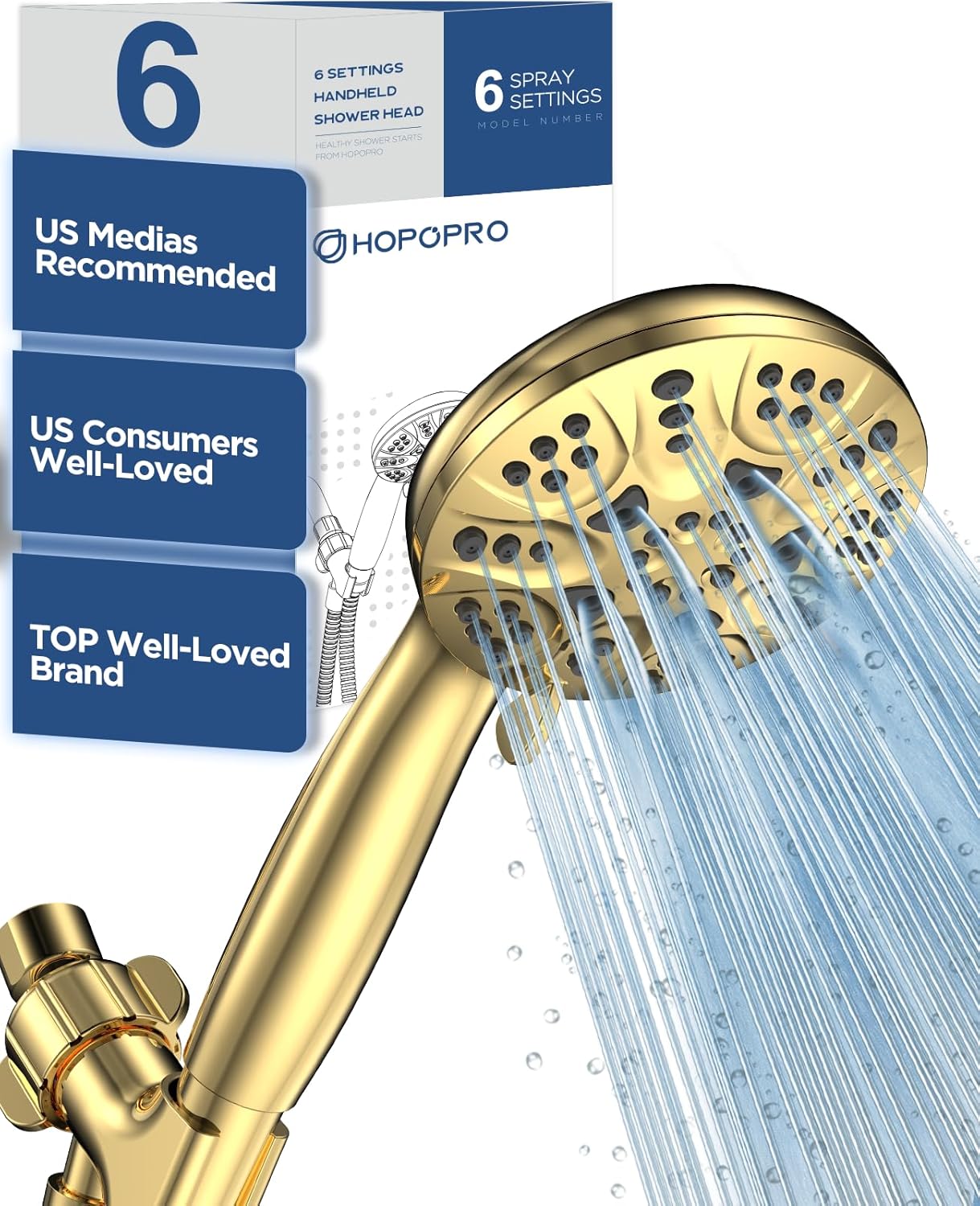 6-Mode High Pressure Handheld Shower Head Set, Consumer Reports Recommended HOPOPRO High Flow Hand Held Showerhead with 59 Inch Hose Bracket Teflon Tape Rubber Washers 6 Modes Gold