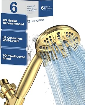 HOPOPRO High Pressure Handheld Shower Head Set with 6 Shower Settings, Gold