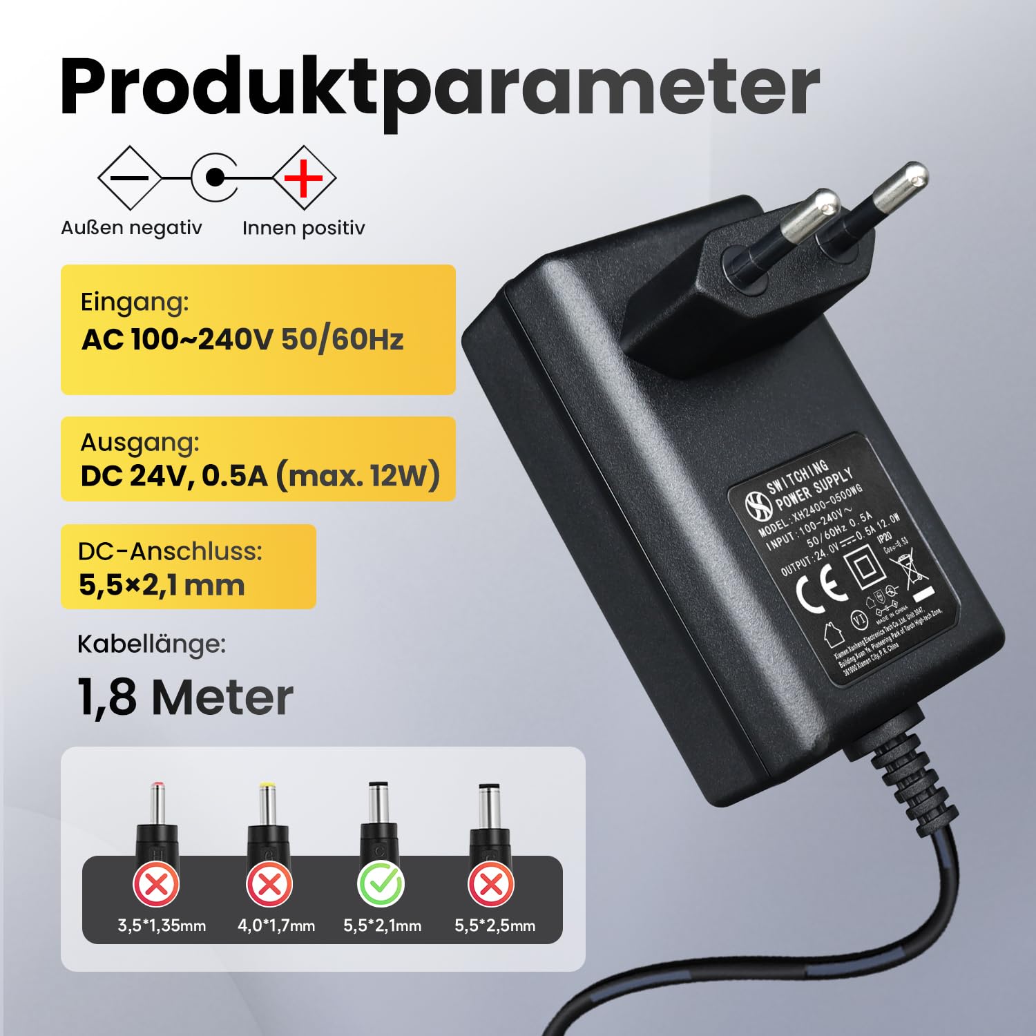 Alimentatore 24V 1A 24W Con Spina 5.5x2.1 Mm - Adattatore AC/DC Per LED, Massaggiatori E Diffusori - 3