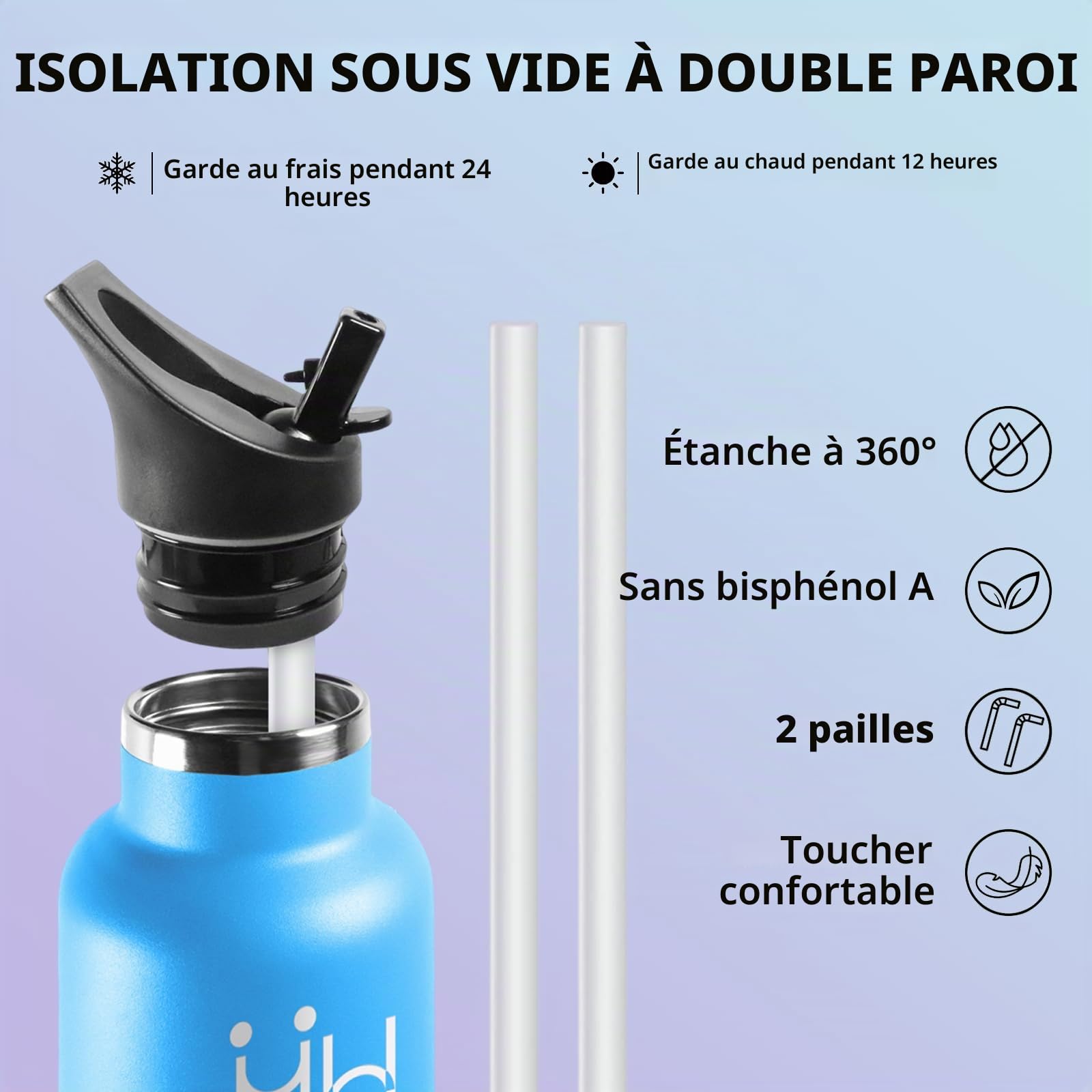 Motswedi Gourde Isotherme, 1L Anti-Fuite, Gourde Paille, Poignée de Transport, Bouteille Isotherme, Anti-Fuite, Gourde Inox, Gourde avec Paille pour Sport, Voyage, Camping, École, Bleu Ciel & Violet