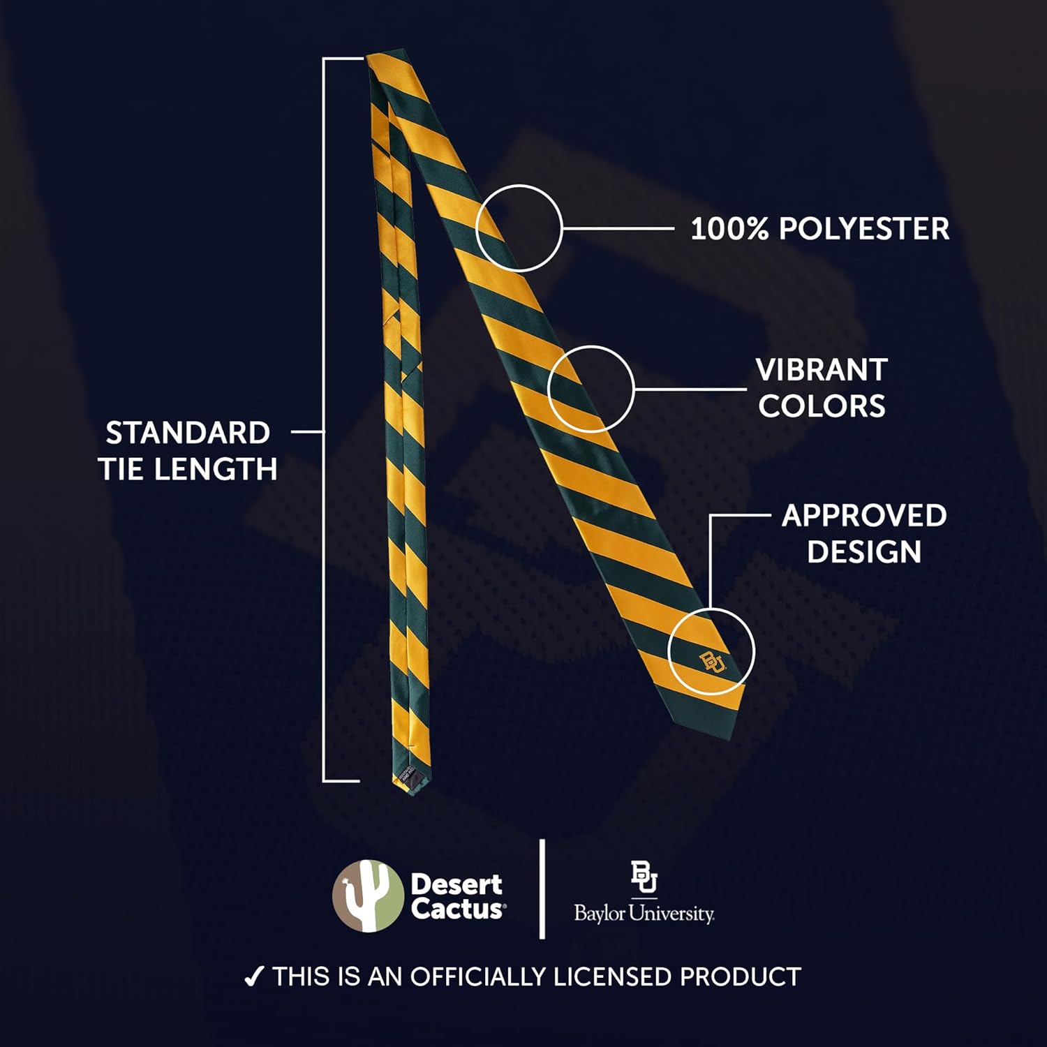 Desert Cactus Baylor University Neck Tie BU Bears 100% Polyester Necktie with Logo, Officially Licensed