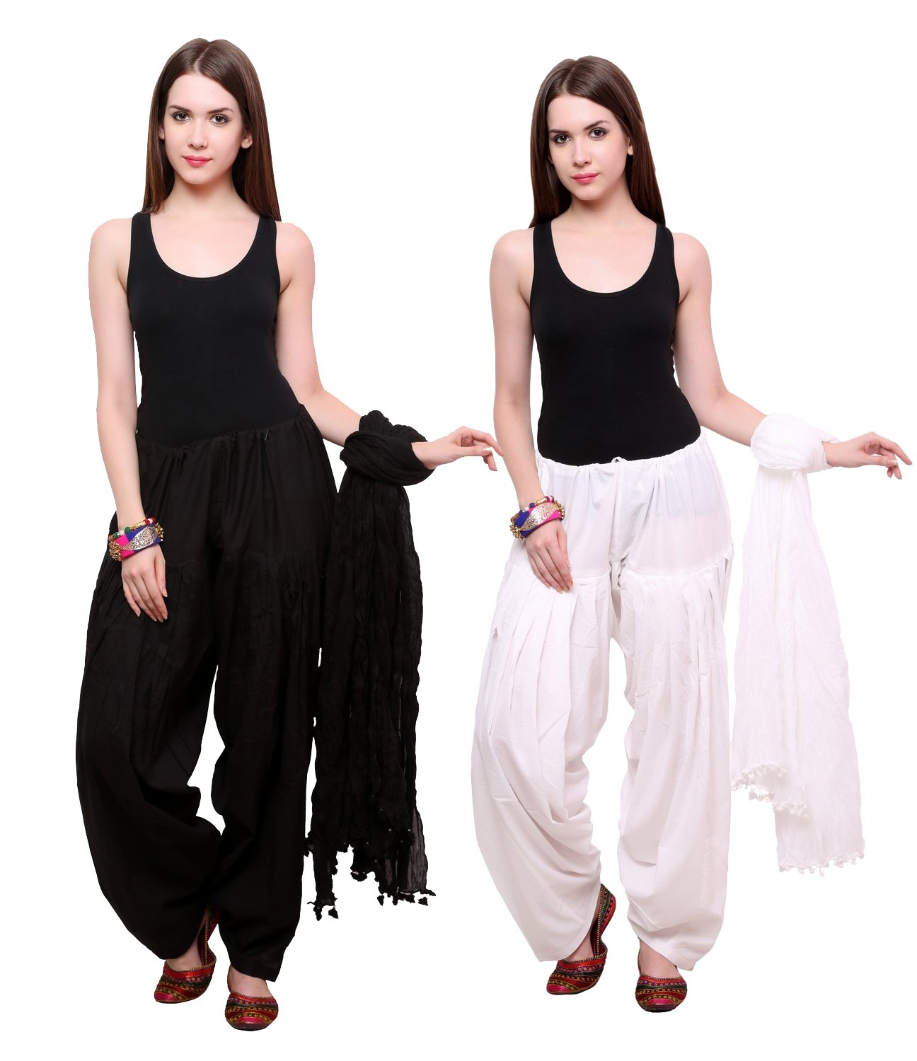 Women Cotton Combo Of Best Indian Awesome Comfort Readymade Patiala Salwar Dupatta Set (Black :: Milky White),Free Size-image-23