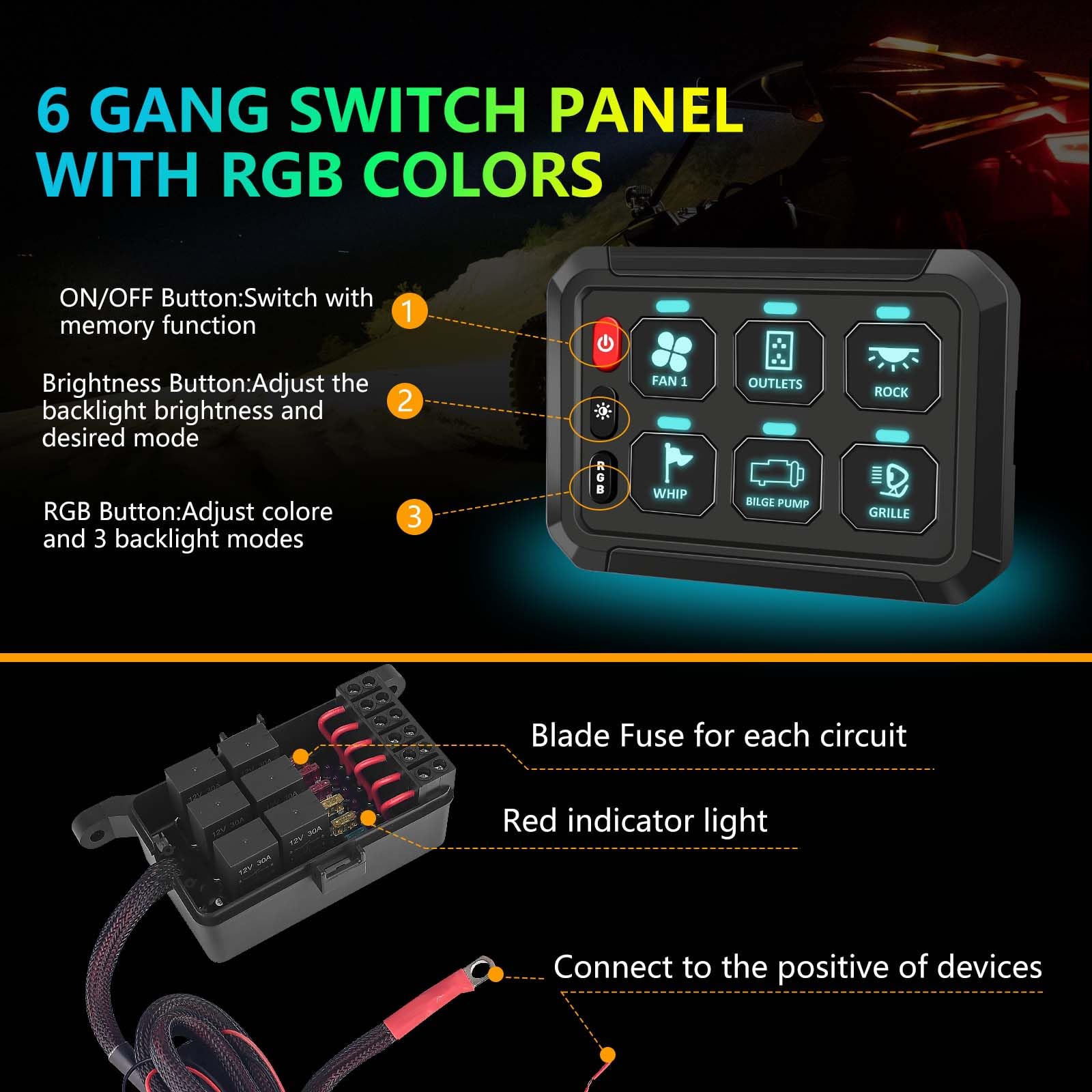 Chelhead 6 Gang Schalttafel, 12V Schalter Panel Kit impulsartig RGB 4 Beleuchtungsmodi schalterpanel,wasserdicht, dimmbar, universelles Schaltkreissteuerungsrelaissystem, kompatibel mit LKW, Offroad