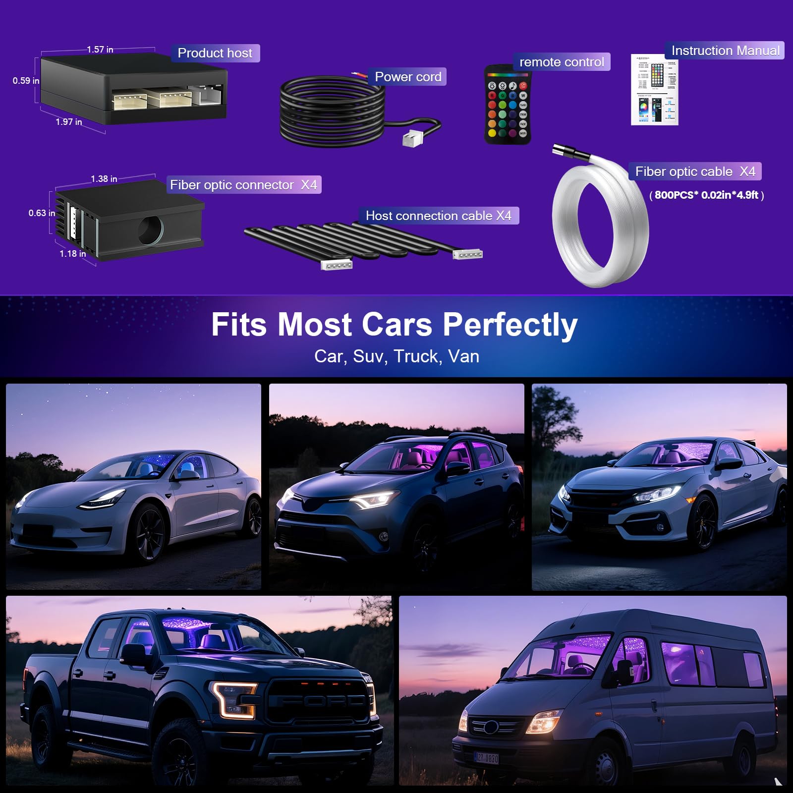 Juego de 800 luces de estrella RGBW de fibra óptica de 0.04 pulgadas y 5 pies para coche con 4 cabezales de luz, mini motor de 16 W, fácil de ocultar, cableado flexible, aplicación/control remoto para