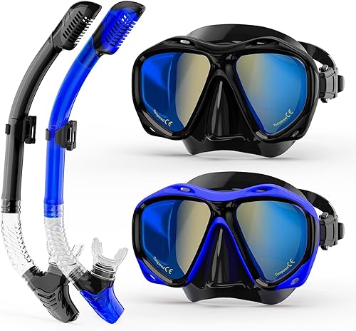 Snorkeling Gear for Adults, Dry Snorkel Mask Set Blue Electroplated 180 Panoramic Wide View Anti-Fog Scuba Diving Mask Goggles, Professional Snorkel