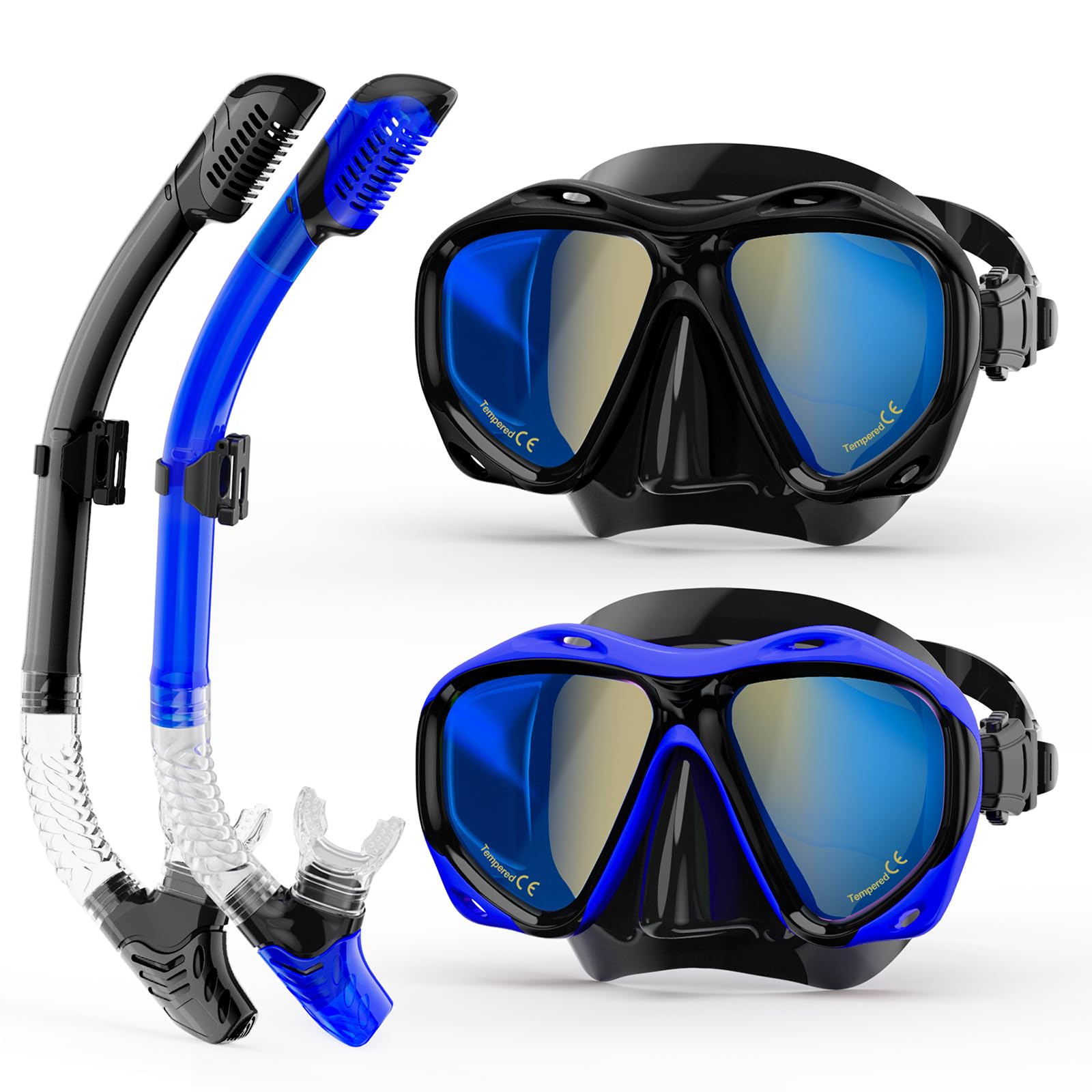Snorkeling Gear for Adults, Snorkel Mask With Mirrored Tempered Glass Lens 180ยฐ Wide View Anti-Fog Scuba Diving Mask, Professional Snorkel Set for Swimming Diving (Black+Blue)
