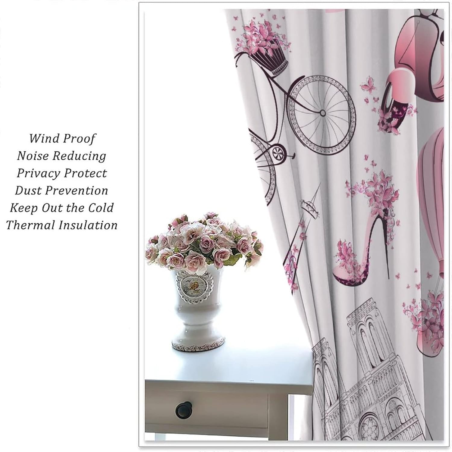 Paris Blackout Curtains Romantic Pink Eiffel Tower Bicycle Butterfly France Couple Art Print for Girls Women Bedroom Living Room Decor Rod Pocket Window Drapes 42x54in