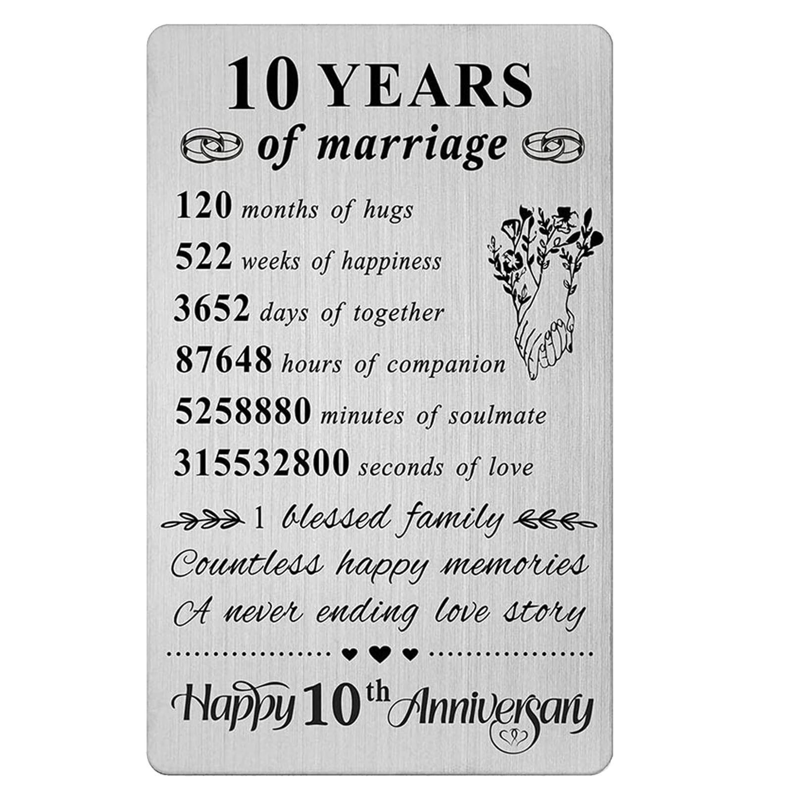 10th Anniversary Celebrations Amplified,10 Year Anniversary Card Gift for Him, 2.1x3.4 in,Stainless Steel Card, Commemorate a Decade of Love,Perfect Wedding Anniversary Keepsake for Your Husband