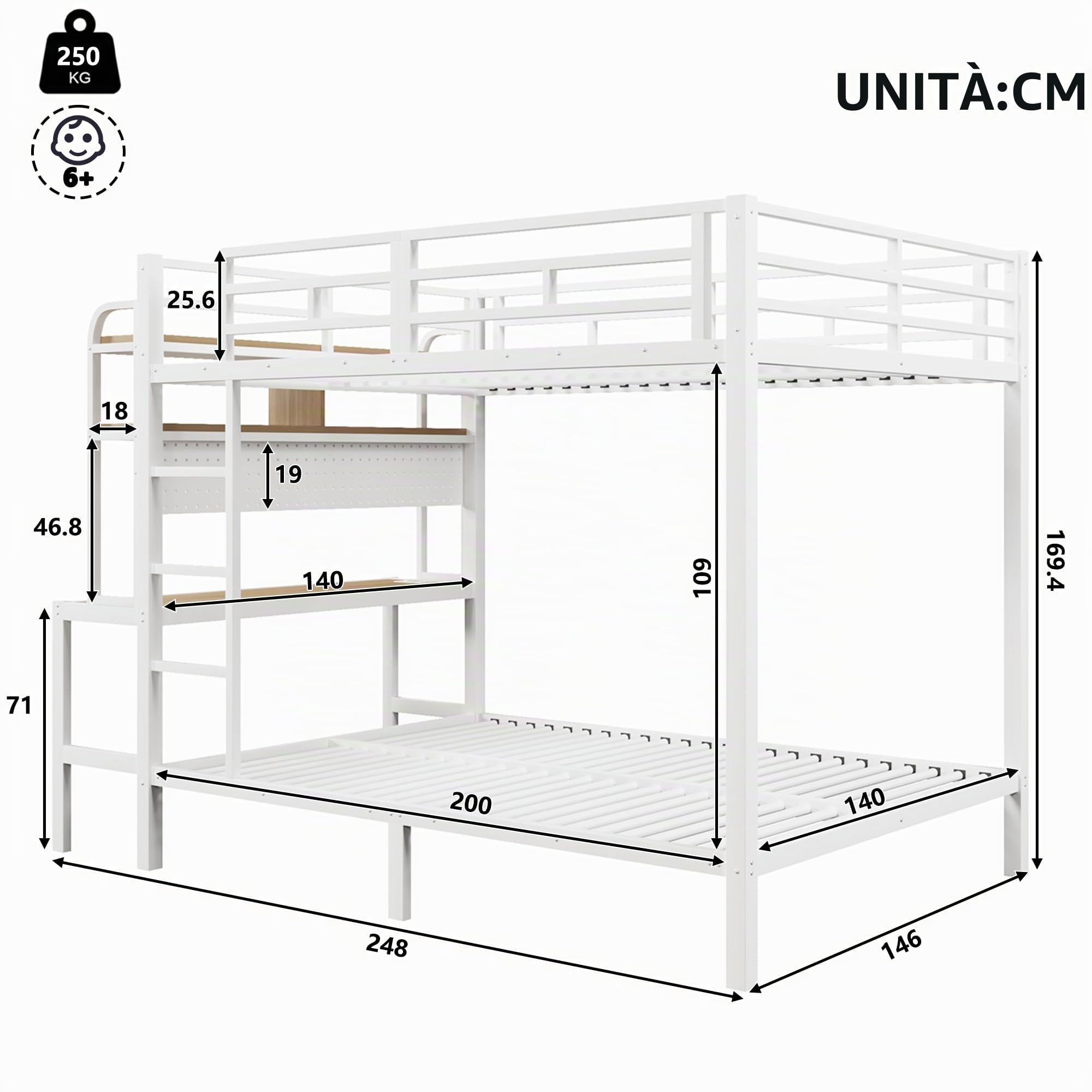 Azkoeesy Letto a Castello Gaming 140x200 cm in Metallo con Scrivania e Mensole, Luce LED, Prese USB ed Elettriche, Matrimoniale per Adolescenti e Adulti, Struttura Resistente e Durevole, Bianco
