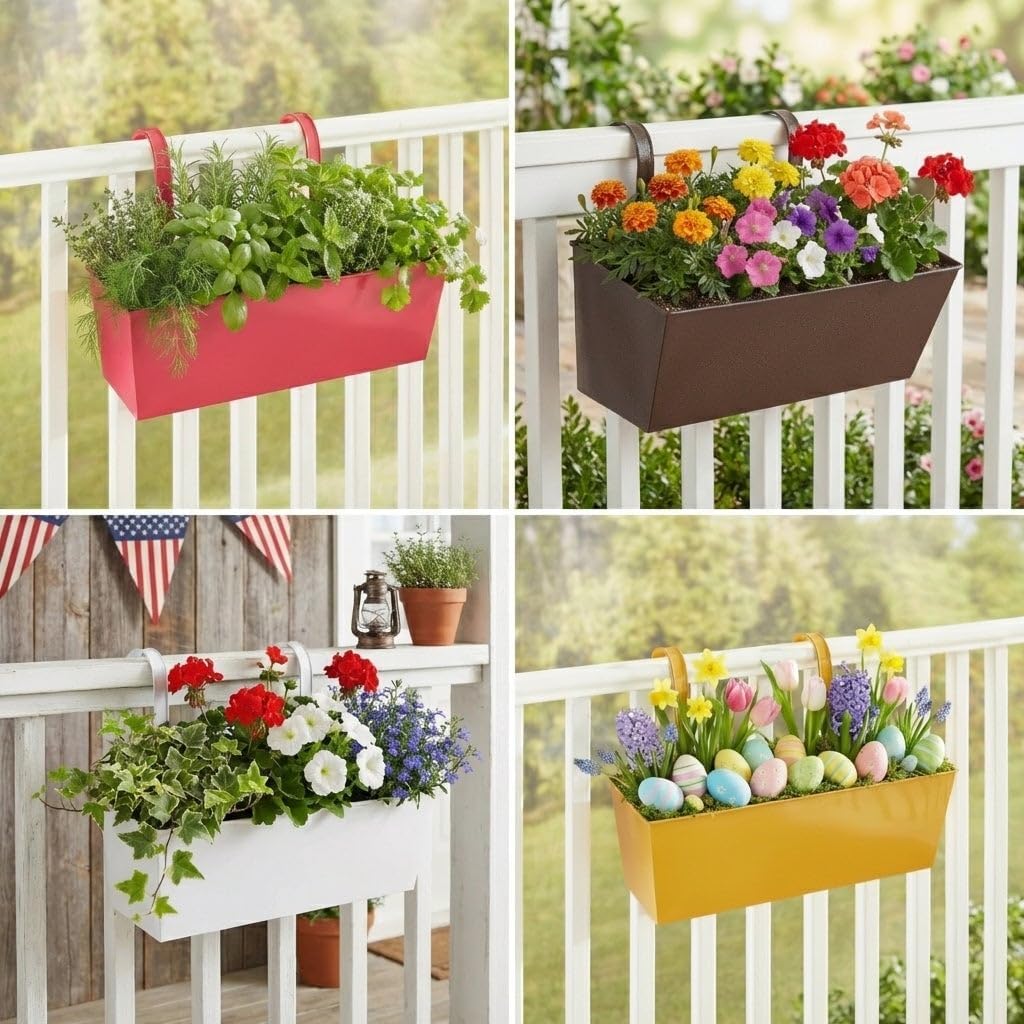 BrylaneHome Outdoor Weatherproof Metal Railing Hanging Flower Garden Windowbox Planter with 3 Drainage Holes - 20½"L x 7" W x 7½"H - Cornflower Blue