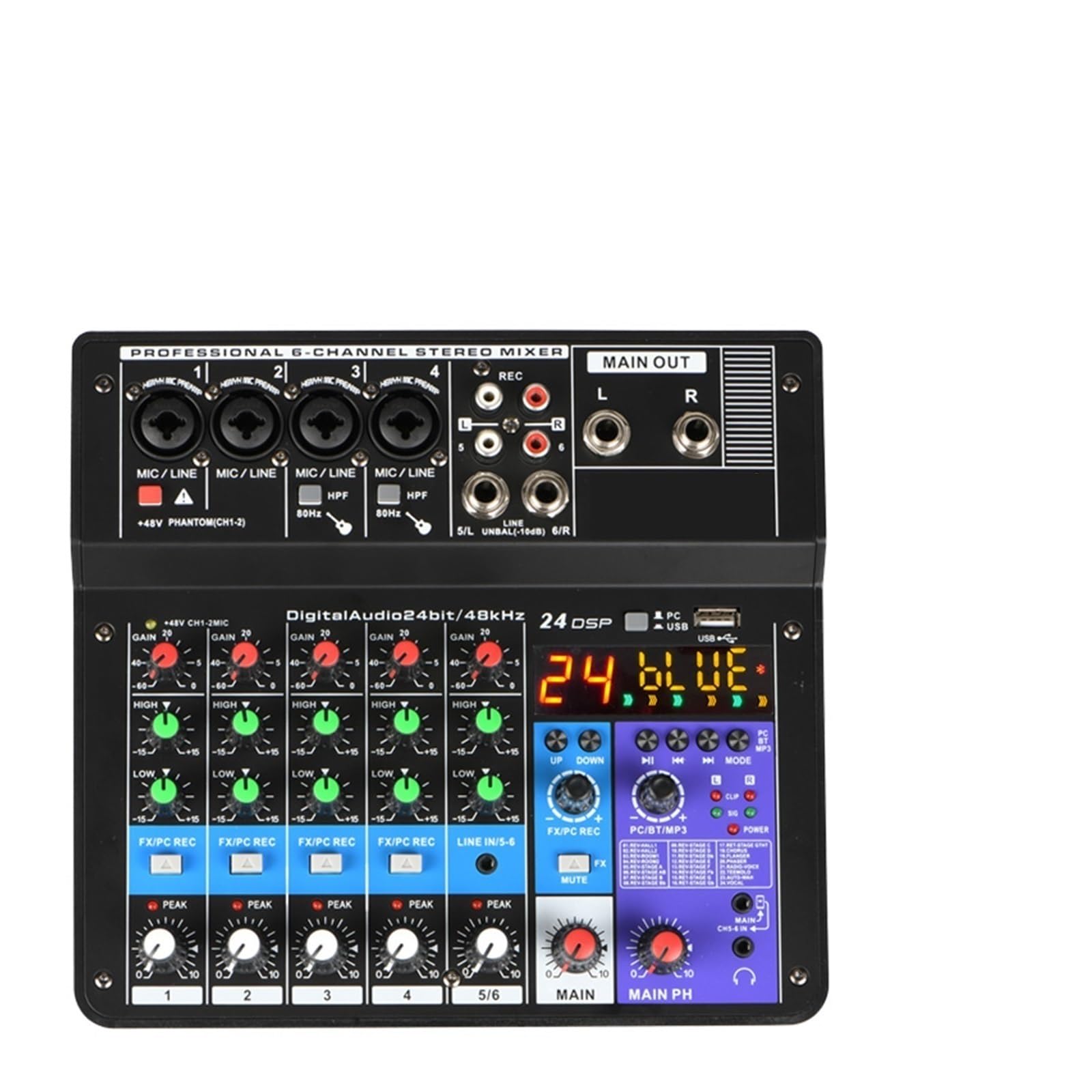 Consolle DJ, Console di missaggio a 6 canali Mobile USB Registrazione computer Riproduzione Mixer ingresso alimentazione phantom 48V A6