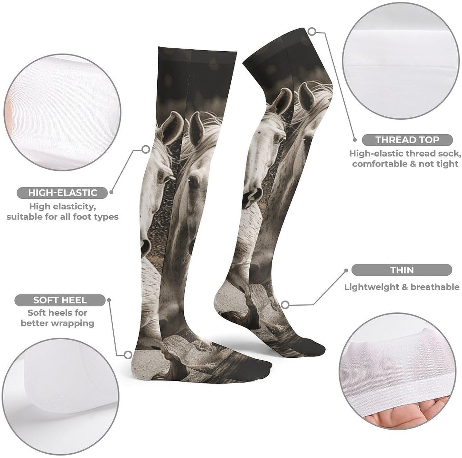 Horse Running by The Water Knee High Stockings for Women 23.6" Breathable Thigh High Stockings Over The Knee Socks