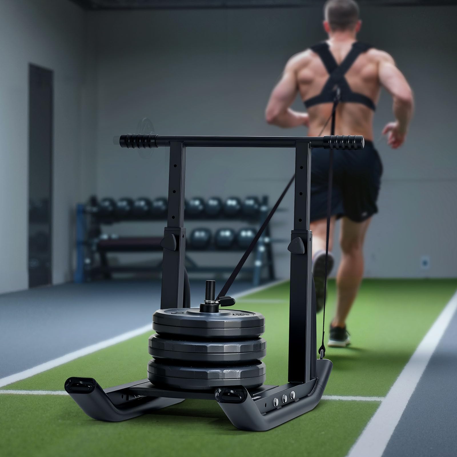 VEVOR Slitta con Pesi, per Dischi da 25 e 51 mm Slitte per Allenamento Fitness per Migliorare Velocità negli Esercizi Atletici, Attrezzatura per Allenamento con Maniglia Regolabile in Altezza, Nero