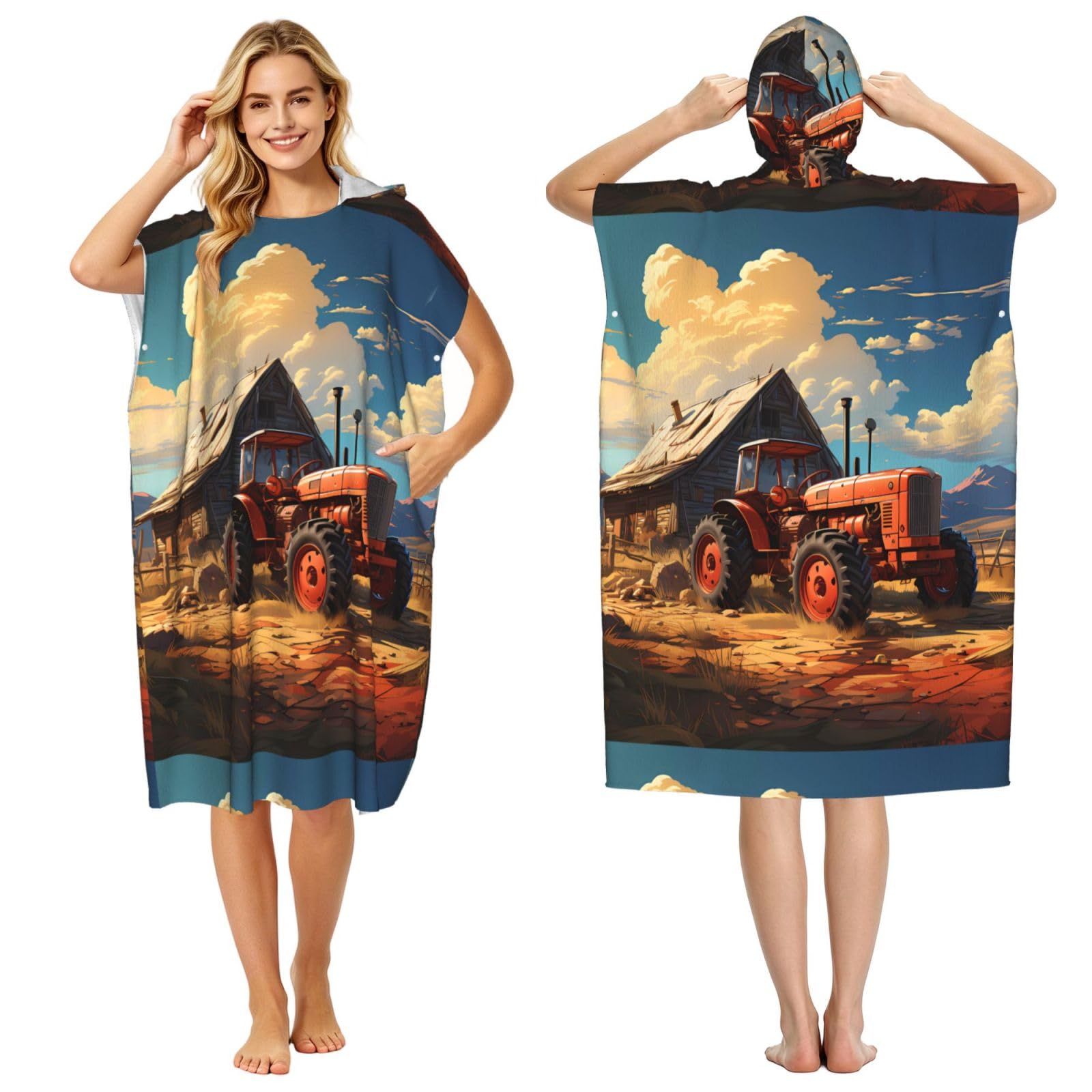 WSSYYBFFarm Red Tractor Adult hooded beach towel Oversized with Hood for Absorbent Quick Dry