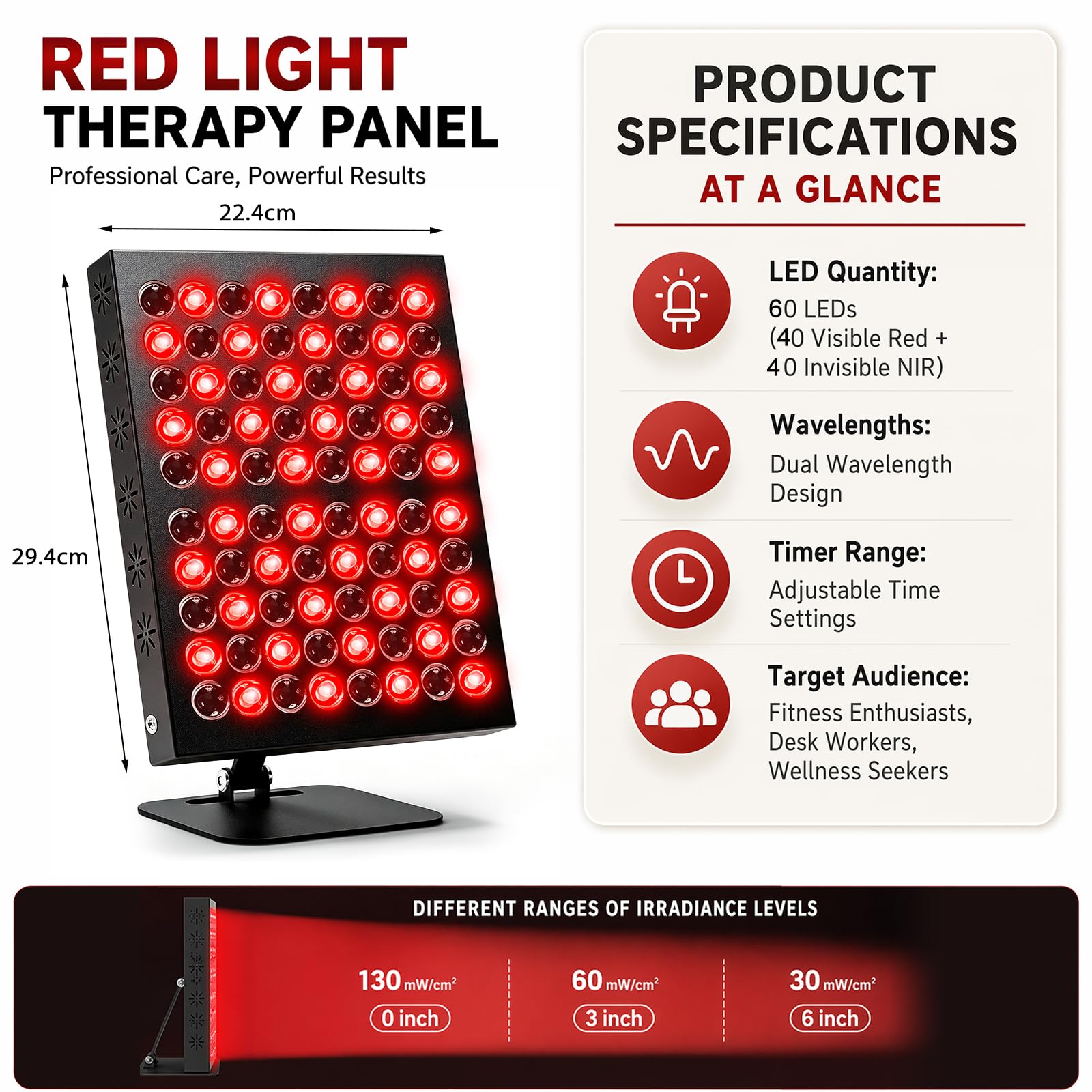 Rotlichtlampe Panel 80 LED für Red Light 660nm & 850nm Infrarotlampe mit Timer, 5 Helligkeitsstufen, 62W Rotlichttherapie Gerät für Gesicht, Körper Haare, Winkelverstellbare Lampe für Zuhause und Büro
