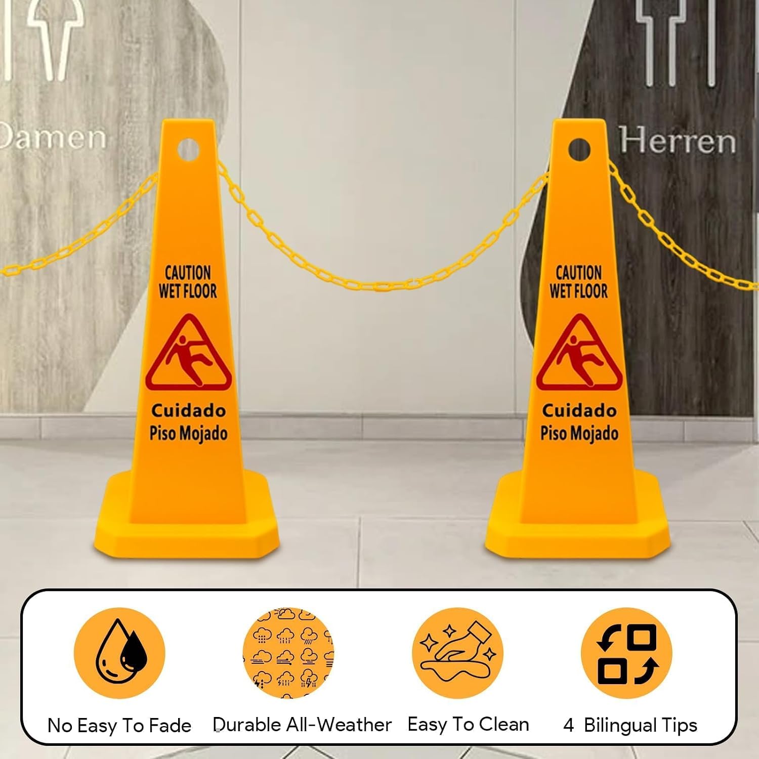 10 Pack 26.3" Caution Wet Floor Signs with Chain 4 Sided Floor Safety Cone | Yellow English/Spanish Warning Sign Bilingual Sign for Store Office School Hotel Parking Lot Commercial Indoor Outdoor Safety