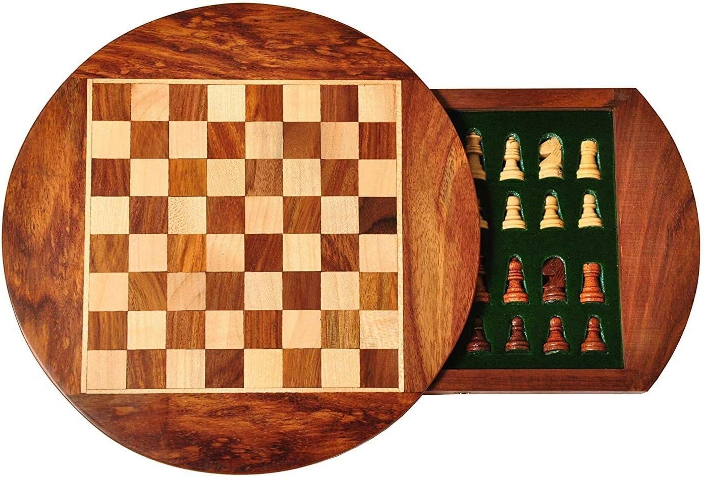 Royal Kurta Devyom 9'' Round Wooden Magnetic Travel Chess Set With Drawers And Staunton Pieces.