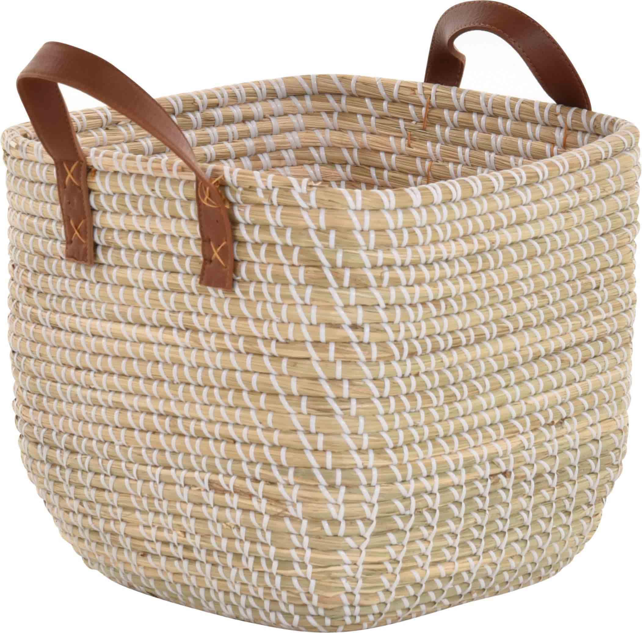Lot de 2 corbeilles décoratives en jonc de mer faites à la main pour le rangement avec enroulement blanc (naturel clair, lot de 2 carrées (33 x 33 x 29 cm)