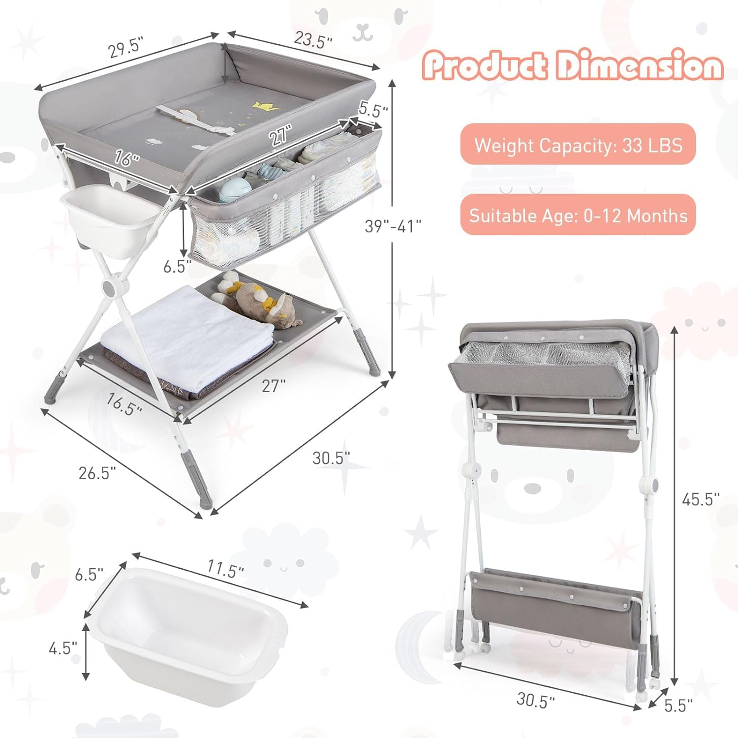 Suicune Baby Changing Table Portable Folding Diaper Changing Station with Wheels, Adjustable Height Mobile Nursery Organizer with Safety Belt and Large Storage Racks for Newborn Baby and Infant - Image 4 thumbnail
