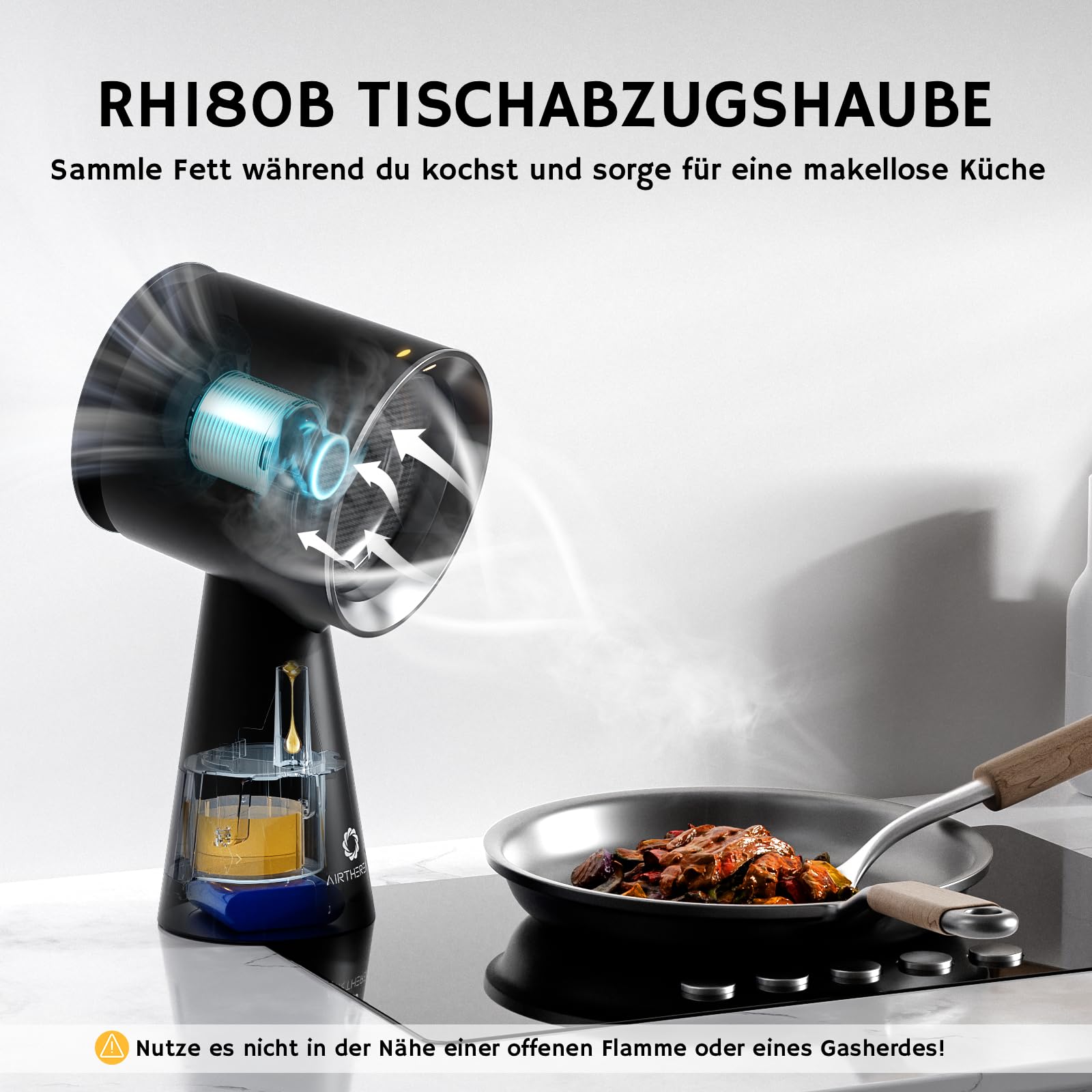 Hotte aspirante de table rechargeable Airthereal, hotte portable avec batterie, 3 vitesses de ventilation et grand réservoir à huile, hotte de cuisine mobile améliorée pour camping-cars – RH180B Noir