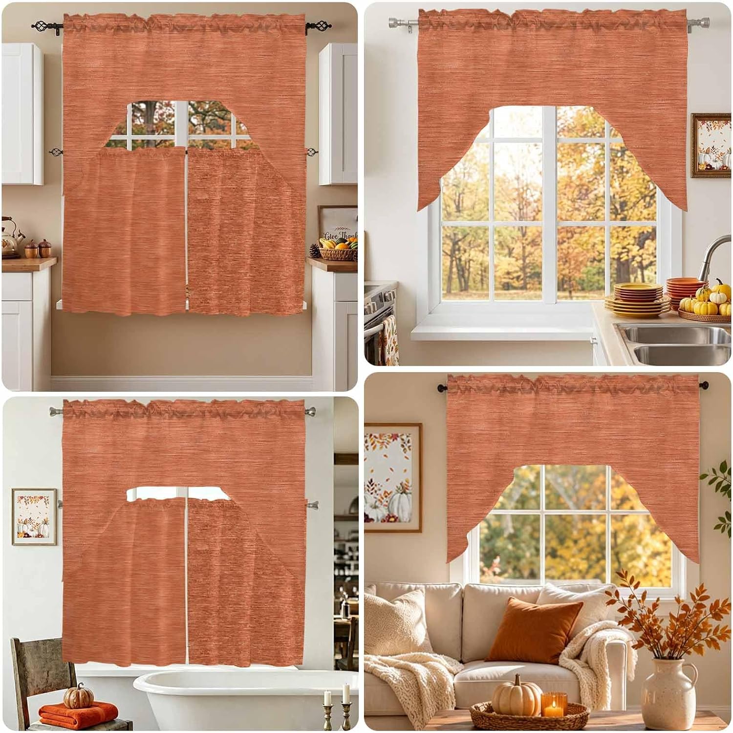 Swag and Valance for Kitchen Windows, Terracotta Orange Solid Color Swag Valances Curtain Panel with Rod Pocket, Minimalist Vintage Linen Texture Window Treatments Curtains Valance, 56 x 36 In