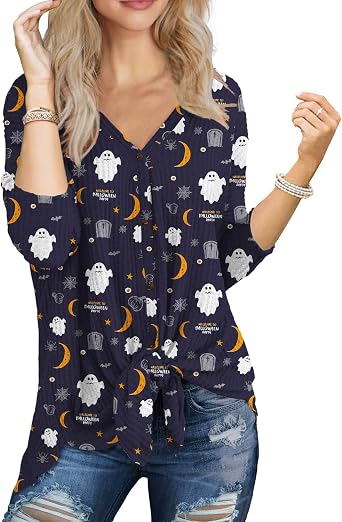 IWOLLENCE Womens Button Down Henley Long Sleeve Blouse | Waffle Knitted Tie Knot Tops, Batwing Sleeve V Neck Loose Fit Shirts, Trendy Fall Button Up Tunic for Seinors