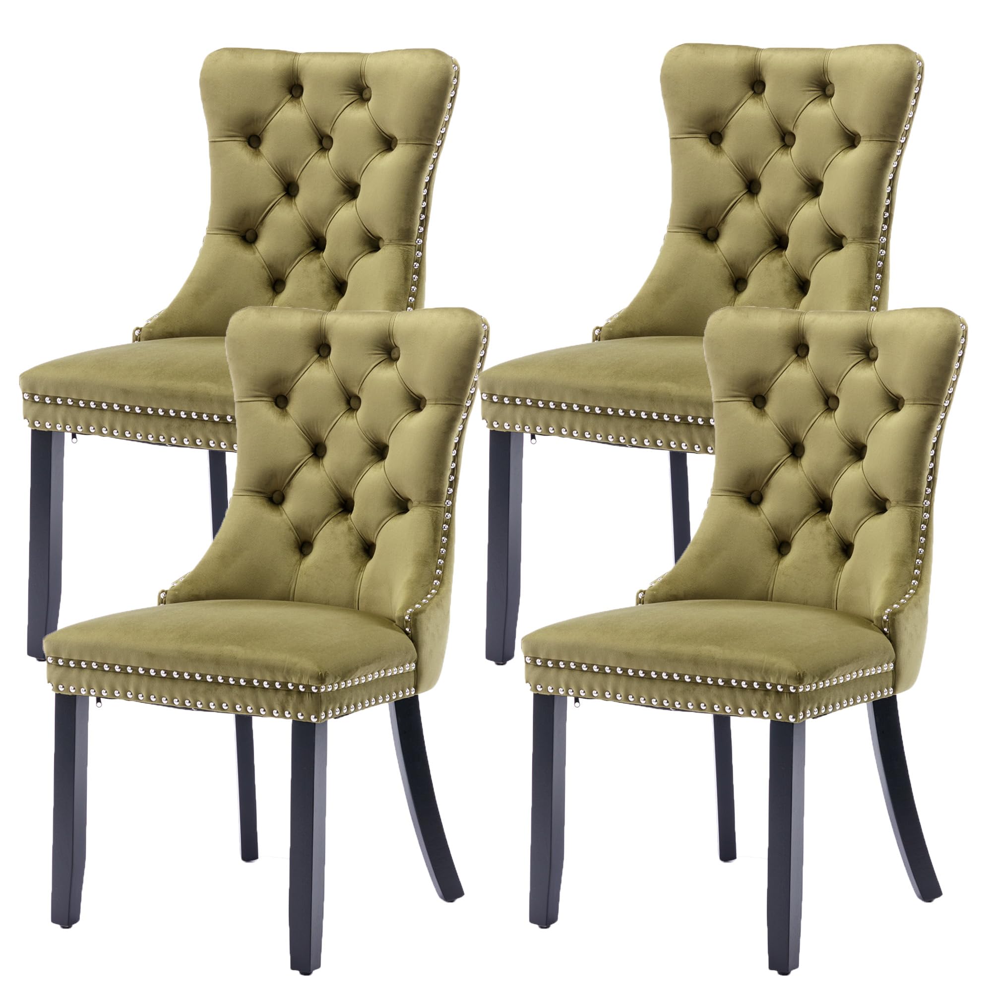 HMFULE Velvet Dining Chairs Set of 4, Upholstered Tufted Dining Room Chair with Silver Nailhead Trim, Solid Wood Leg and Back Ring Pull for Kitchen