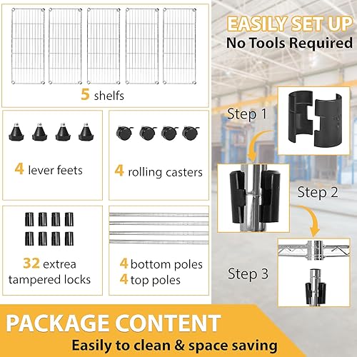 Miniatura 4 de Estantería de alambre ajustable de 5 niveles, estante de almacenamiento de metal, resistente, 750 libras, para baño, dormitorio, cocina, armario,