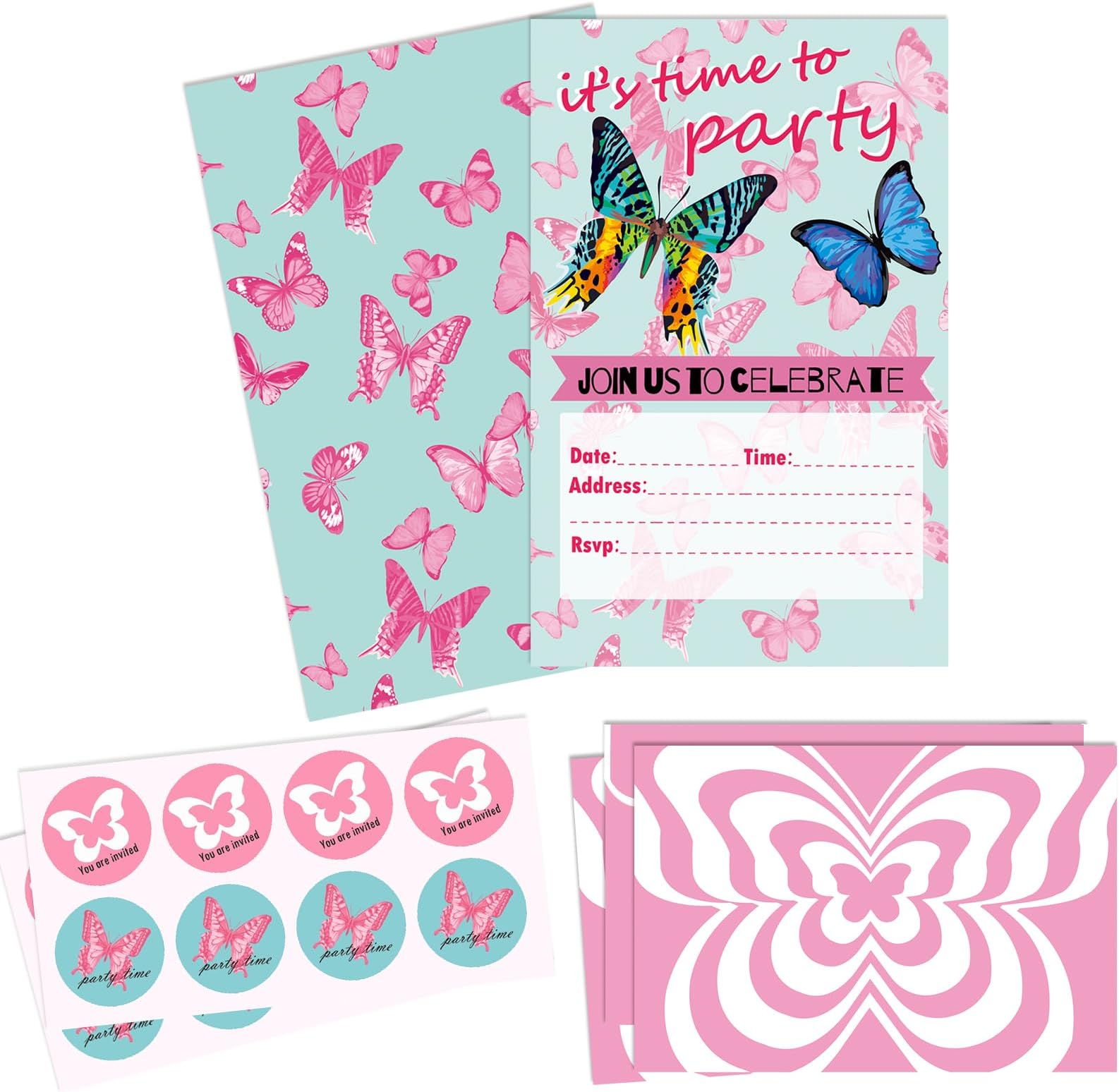 JatidneButterfly Party Invitations Kids Birthday Party Invites for Girls with Envelope and Stickers Pack of 24