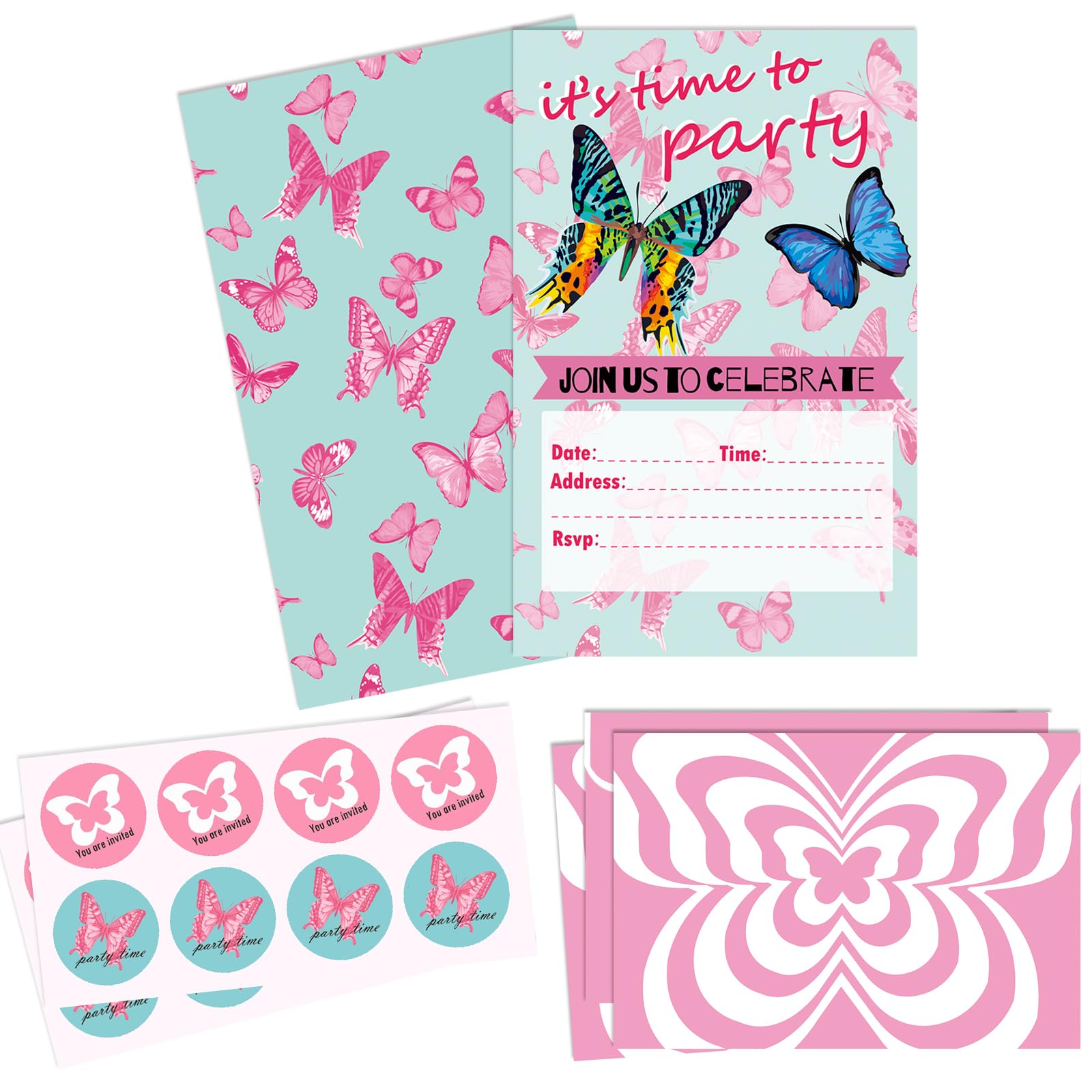 JatidneButterfly Party Invitations Kids Birthday Party Invites for Girls with Envelope and Stickers Pack of 24