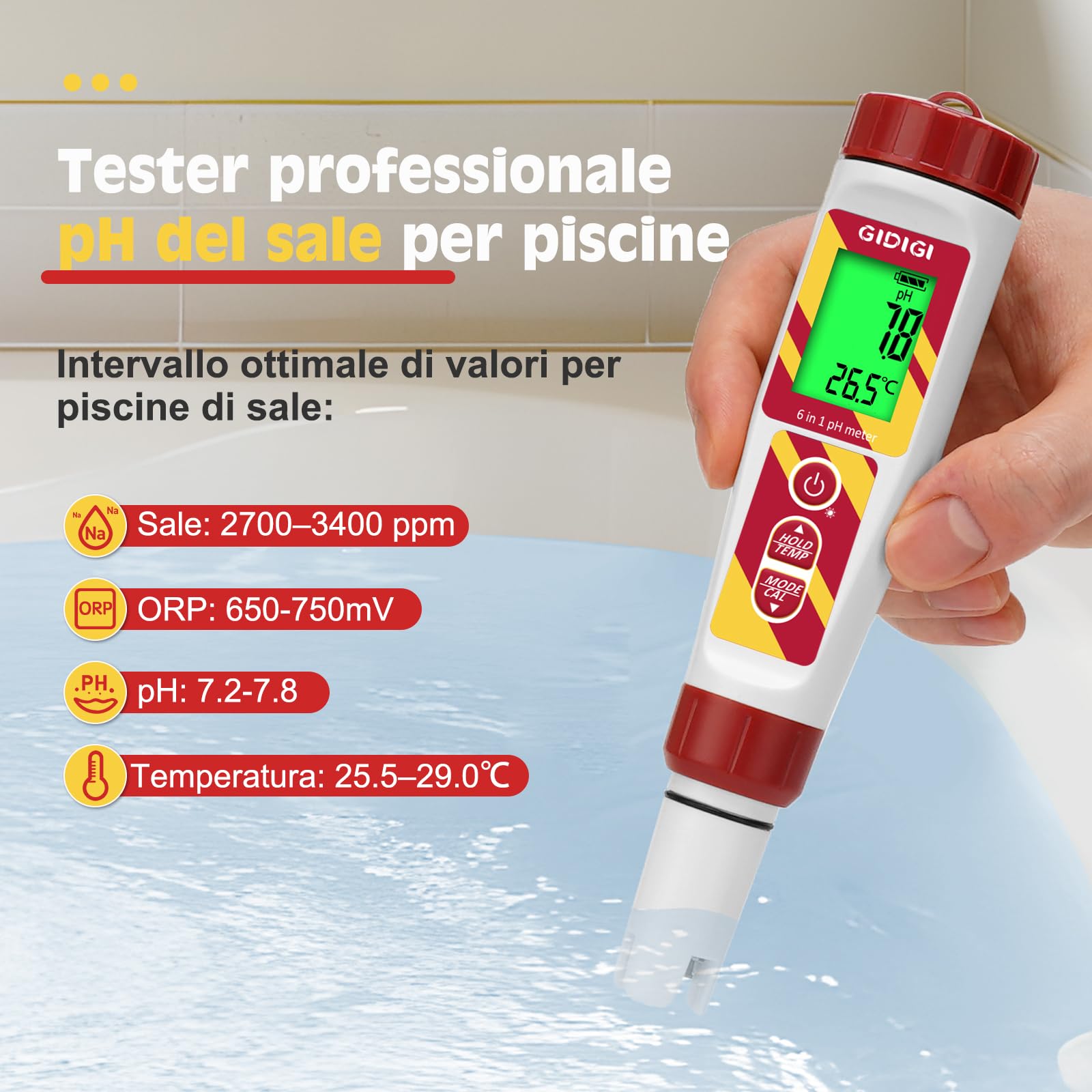 Misuratore pH digitale, 6 in 1 TDS EC Sale Temperatura pH ORP Tester con ORP 222mV Soluzione di calibrazione per piscina, spa, acqua potabile, idroponica, acquacoltura, trattamento delle acque,birra