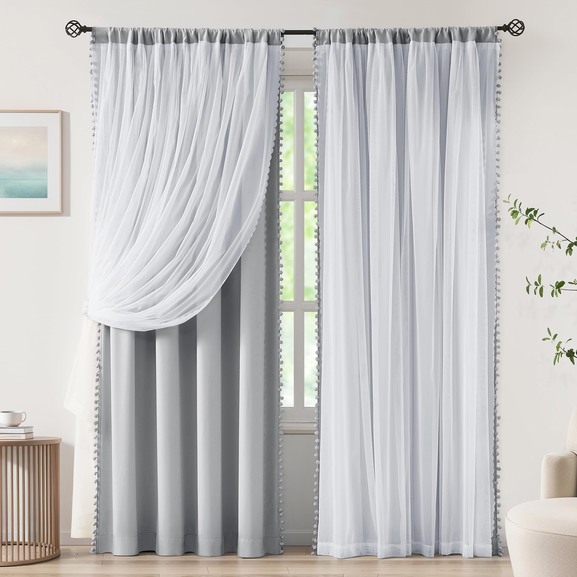 Treatmentex Pom-Pom Blackout Curtains with Sheer Overlay for Living Room Bedroom Kid's Nursery Room, Grey Mix and Match Double Layer Room Darkening Window Curtain Panels with Tie Backs, 2 pcs, 52x84