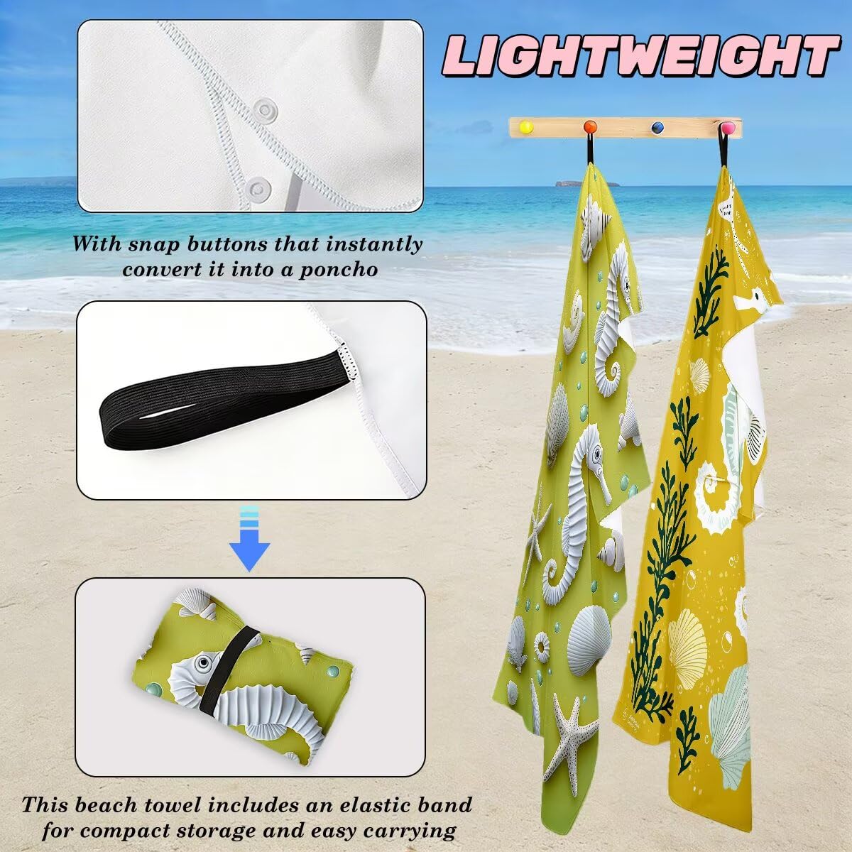 Toalla Playa 80x160 cm, Toalla Gimnasio Microfibra Secado Rapido, Juego de 2 Antiarena Toallas de Playa, Ligera Compacta Toallas Microfibra Grande para Viaje, Regalo Mujer Hombre (Caballito Mar) -3885