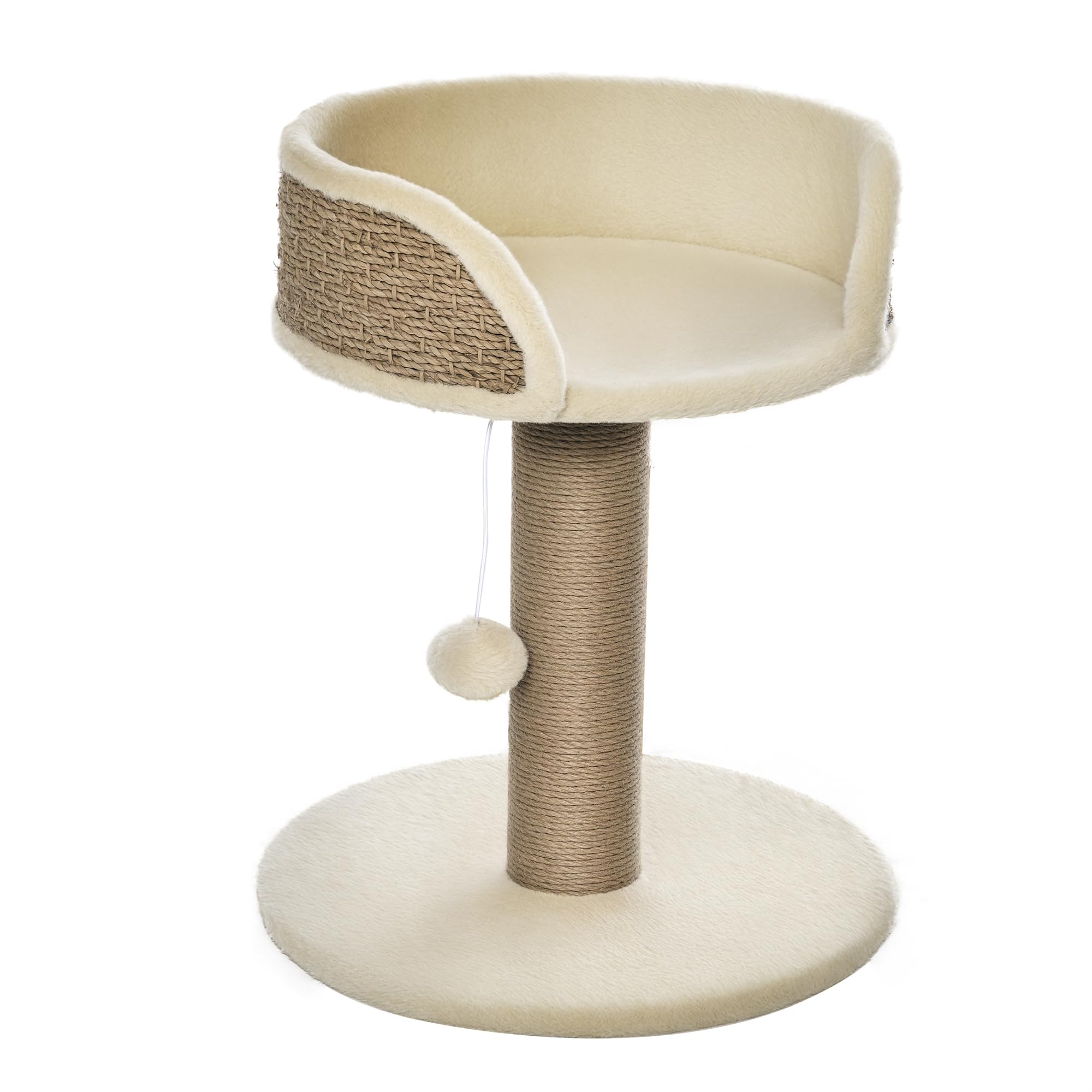 PawHut Albero Tiragraffi per Gatti Adulti e Gattini, Trespolo con Lettino per Gatti, Palo in Juta e Pallina Appesa, 40x40x49cm, Beige