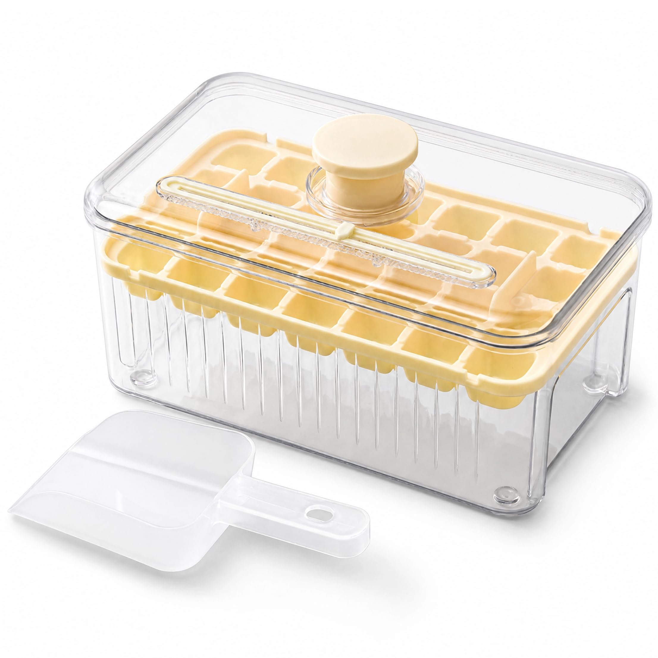 Sjfbebsy 28-Grid Ice Cube Tray with Storage Bin, Press-To-Release Stackable Ice Tray for Freezer with Leak-Proof Lid and Shovel, Light Yellow | Cube Trays for Freezer