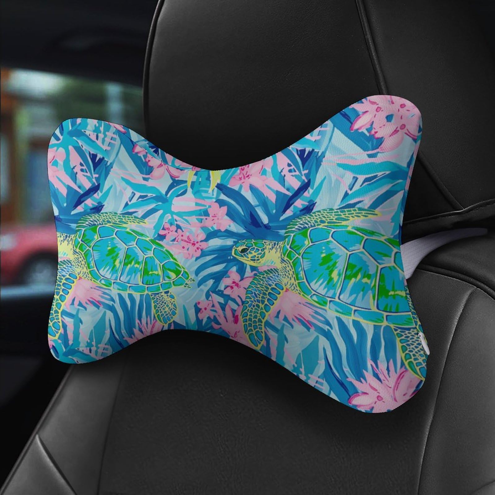 Floral Sea Turtles Car Neck Pillow Set of 2 Car Seat Head Support Cushion Bone Pillows with Elastic Strap