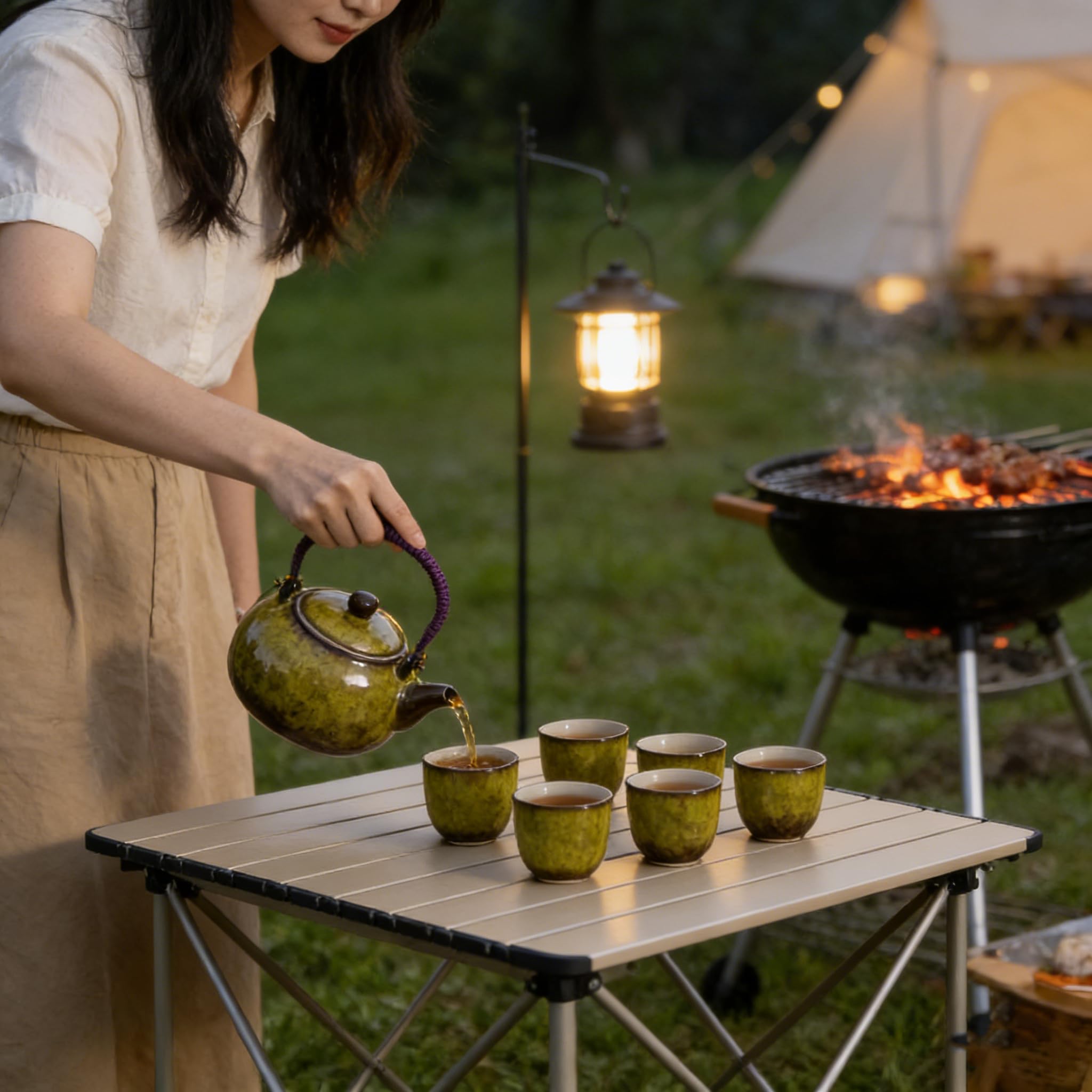Tee Set Chinesische Teeservice aus Keramik, 600ml Teekanne und 6 Tasse 120ml Kungfu Tee Services, Ofenveränderte Glasur asiatische Teekanne für Teeliebhaber, Gelb