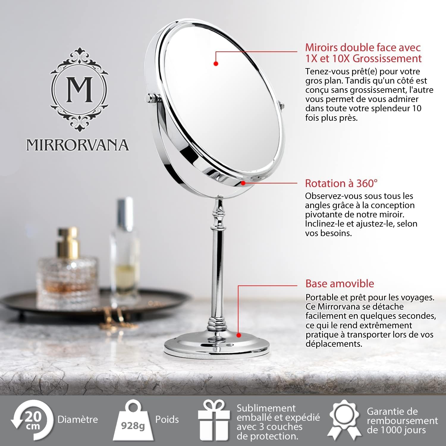 Mirrorvana Miroir grossissant 10x Rond pour Salle de Bain, Miroir de Table pour Maquillage avec Rotation à 360°, Miroir sur Pied 10x et 1x (20 cm)